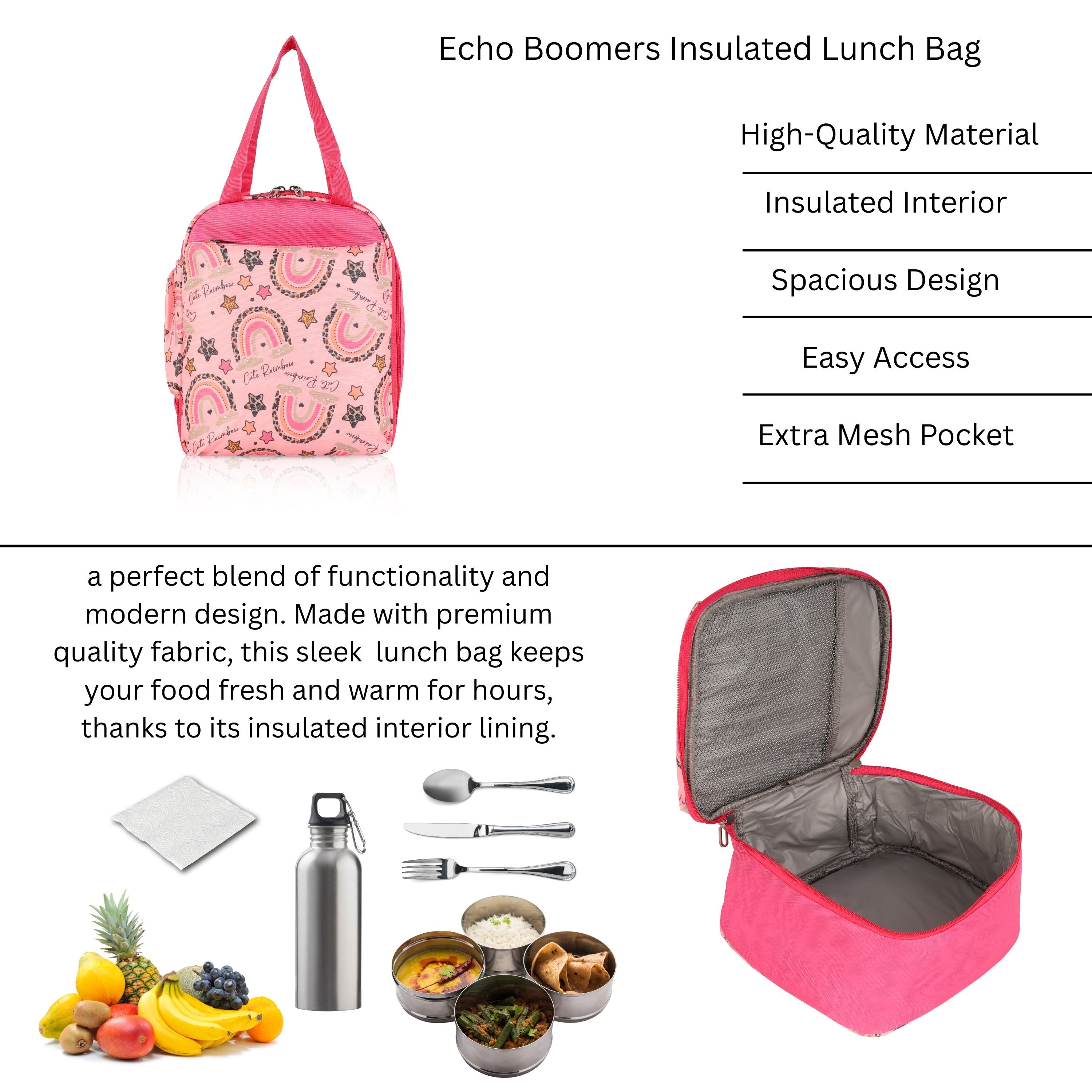 Echo Boomers Premium Rainbow Pint Lunch Bag – Stylish, Lightweight, Attractive, & Durable Meal Companion and versatile bag(Pink).