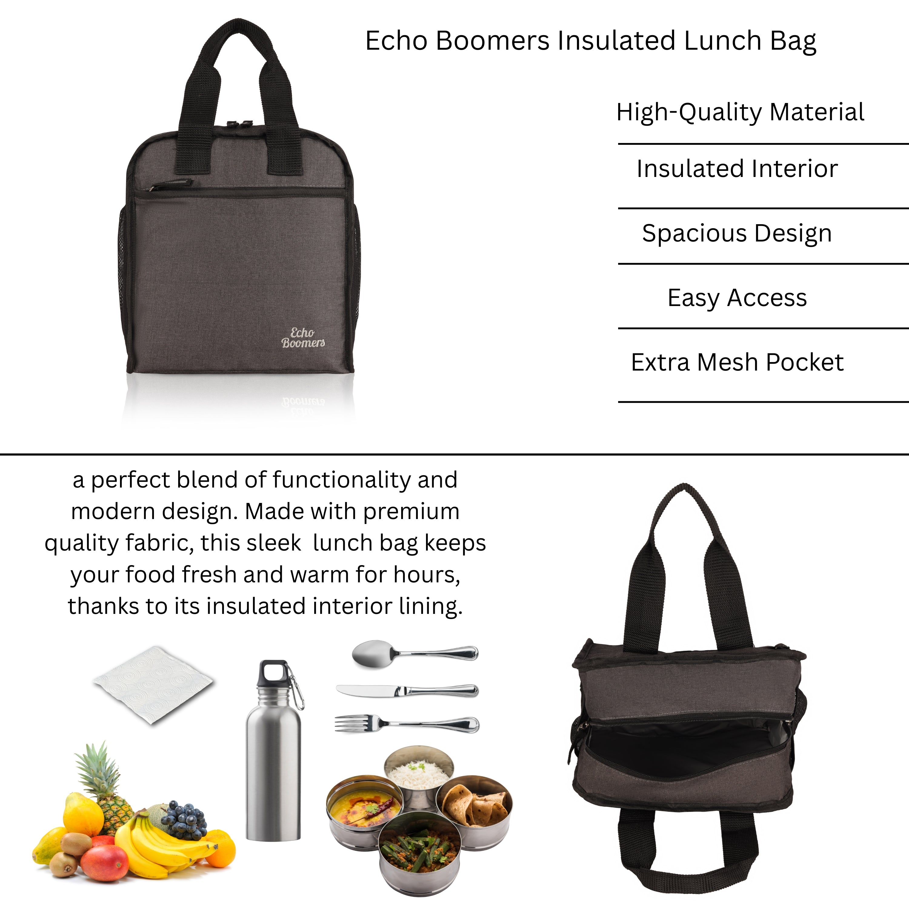 Echo Boomers Premium Lunch Bag – Stylish, Lightweight, Attractive, & Durable Meal Companion and versatile bag(Black).