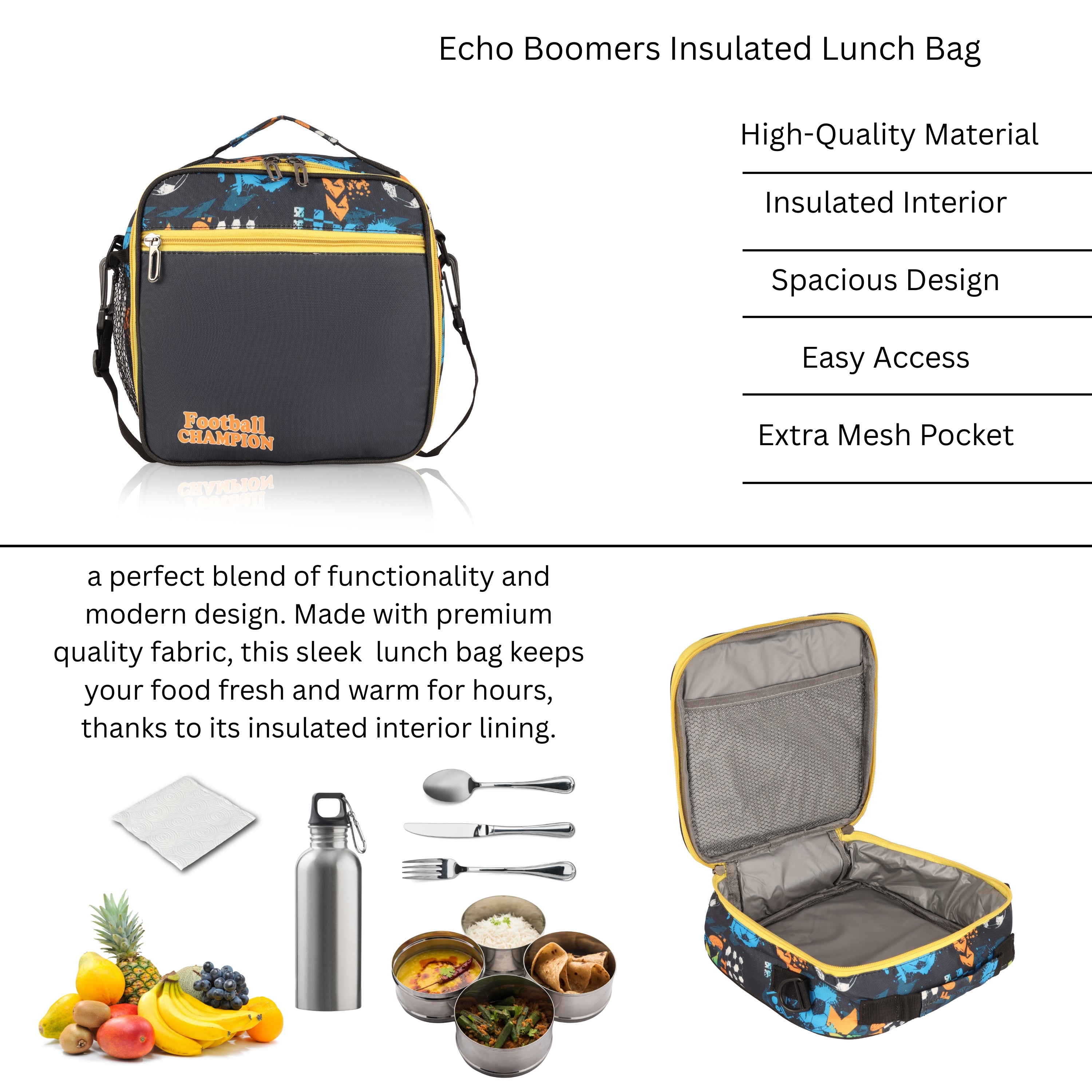 Echo Boomers Premium Football Pint Lunch Bag – Stylish, Lightweight, Attractive, & Durable Meal Companion and versatile bag(Black).