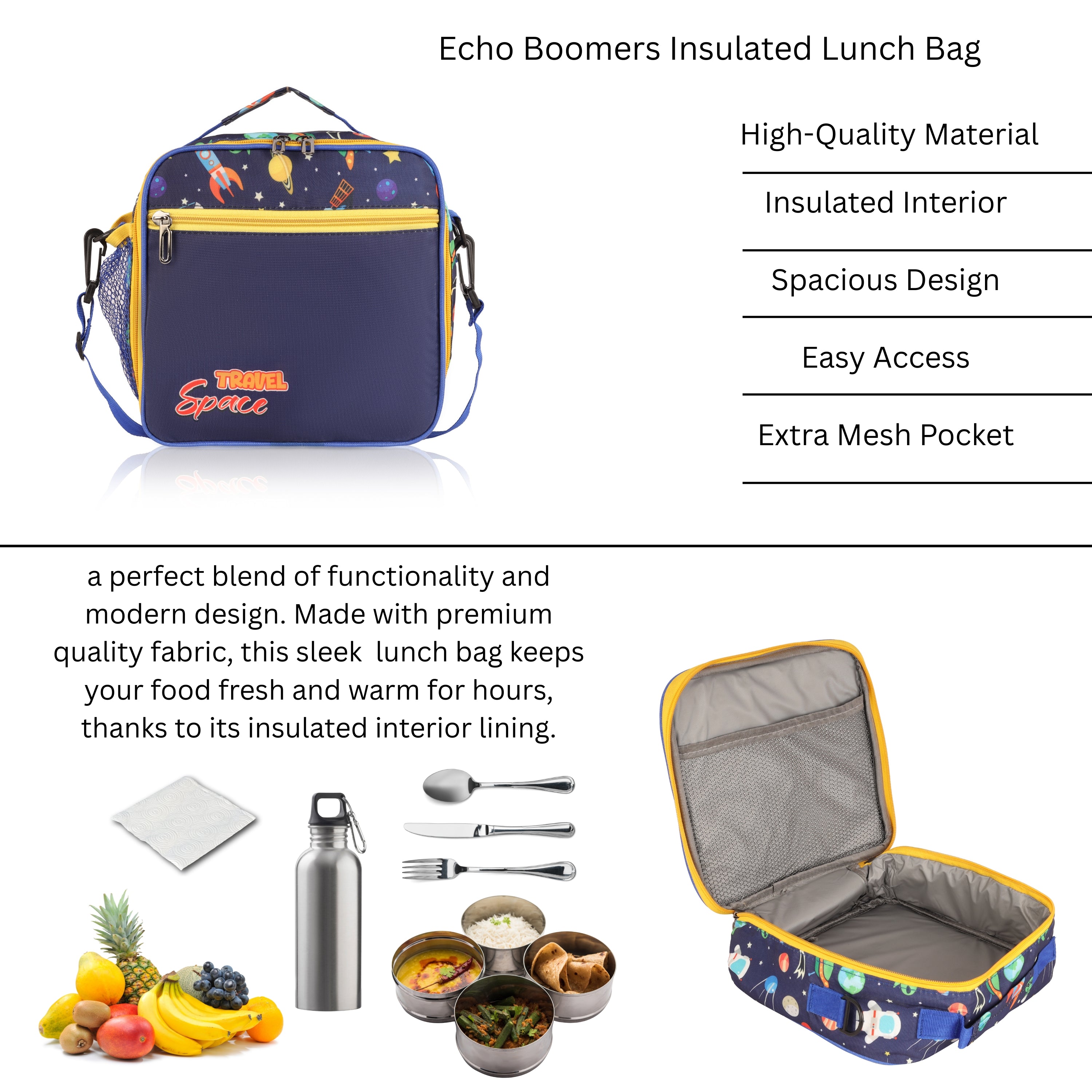 Echo Boomers Premium Space Pint Lunch Bag – Stylish, Lightweight, Attractive, & Durable Meal Companion and versatile bag(Navy).