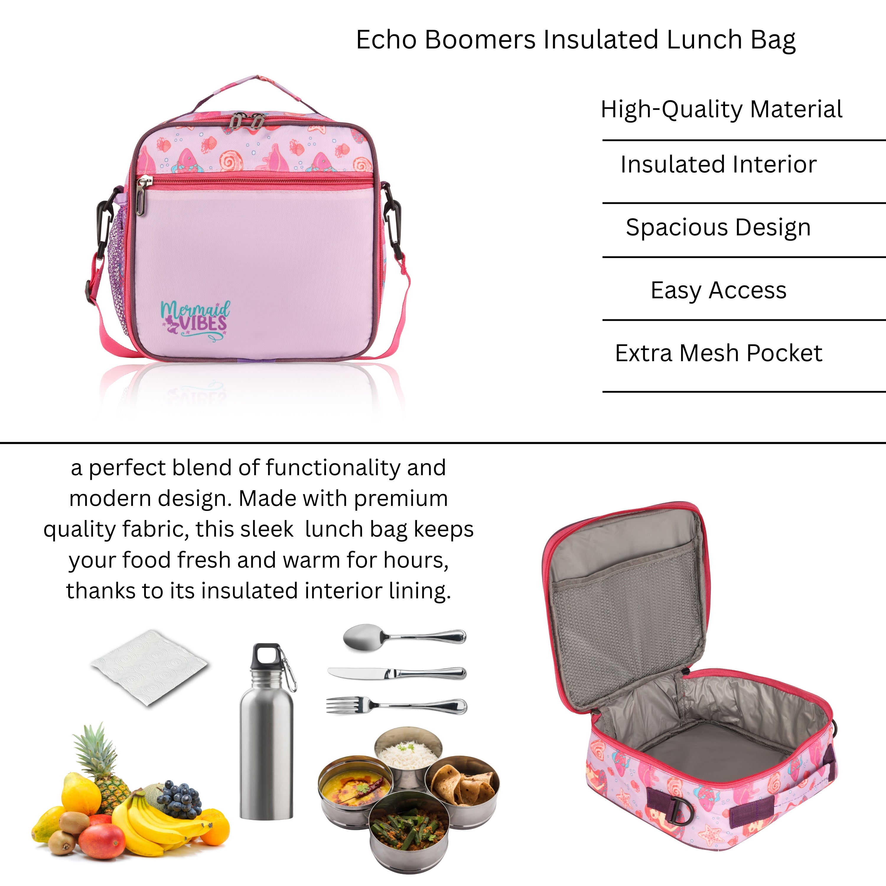 Echo Boomers Premium Mermaid Pint Lunch Bag – Stylish, Lightweight, Attractive, & Durable Meal Companion and versatile bag(Pink).