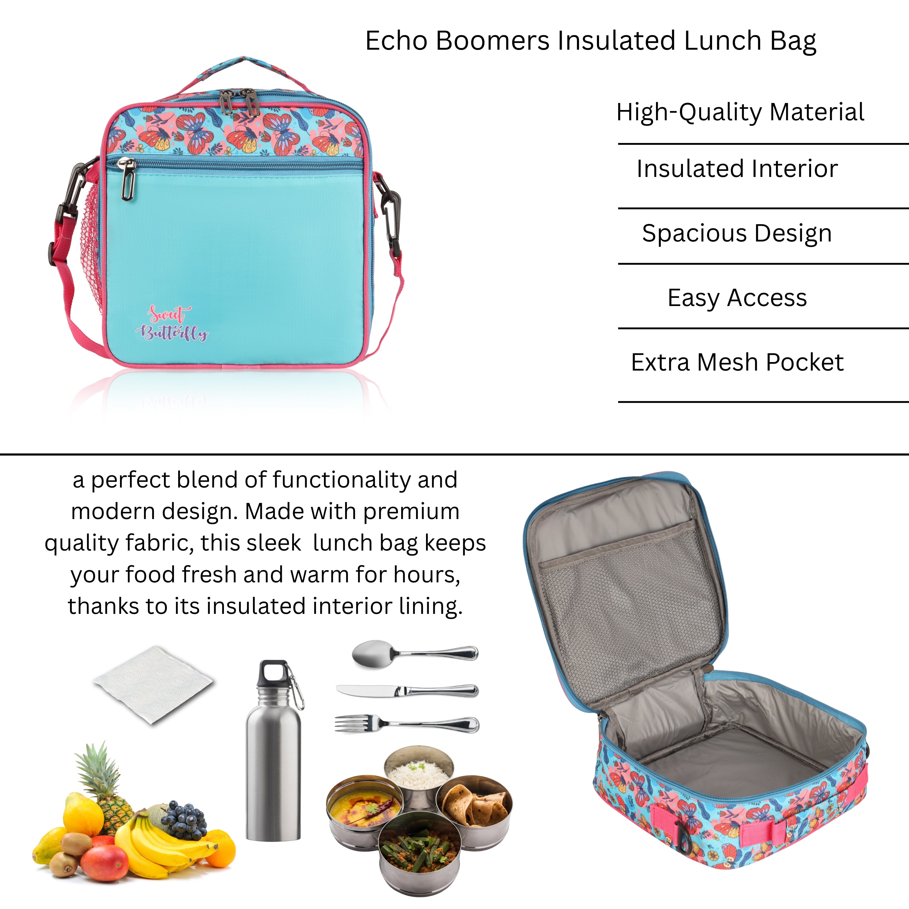 Echo Boomers Premium Butterfly Pint Lunch Bag – Stylish, Lightweight, Attractive, & Durable Meal Companion and versatile bag(Sea Green).