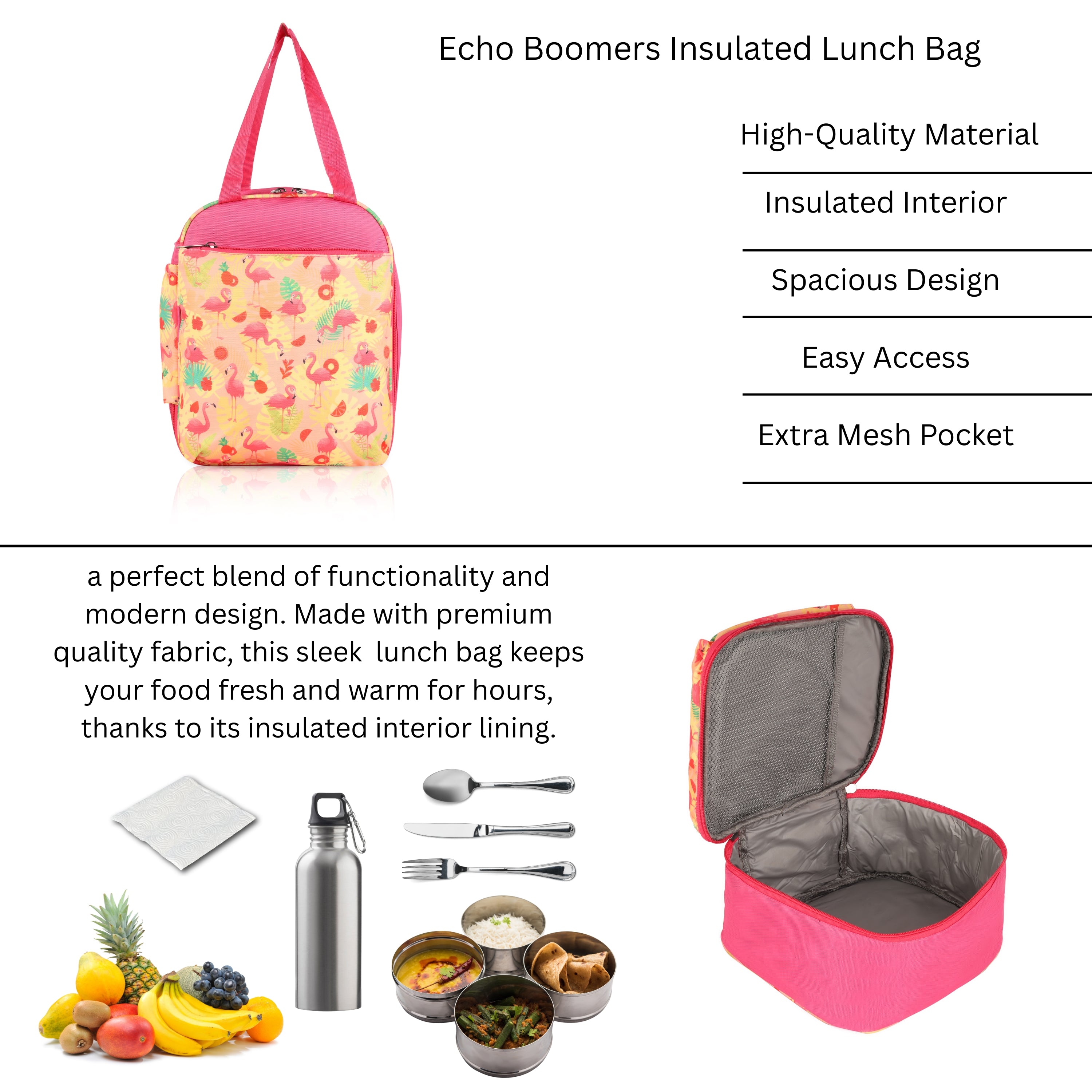 Echo Boomers Premium Herons Pint Lunch Bag – Stylish, Lightweight, Attractive, & Durable Meal Companion and versatile bag(Pink).