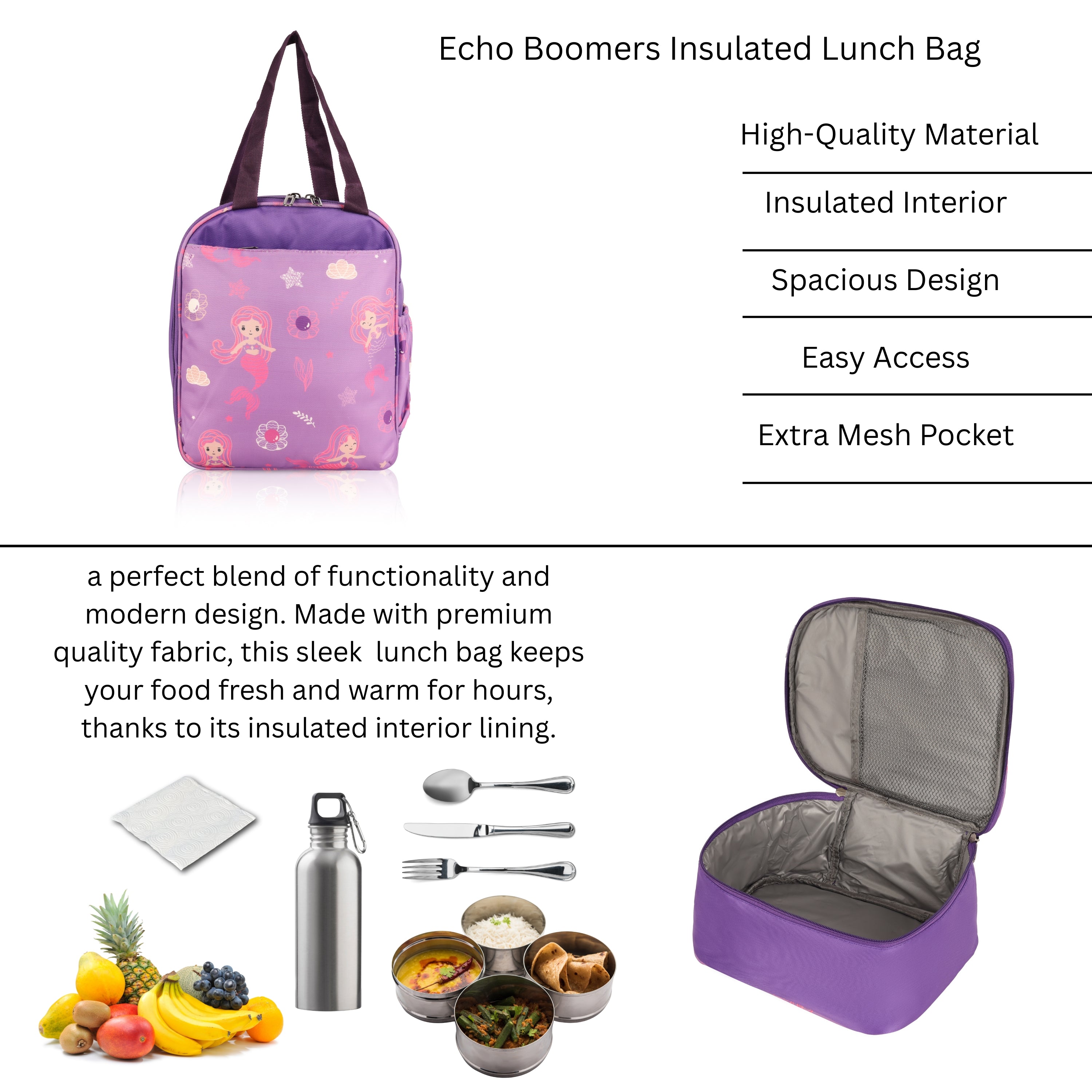 Echo Boomers Premium Mermaid Pint Lunch Bag – Stylish, Lightweight, Attractive, & Durable Meal Companion and versatile bag(Purple).