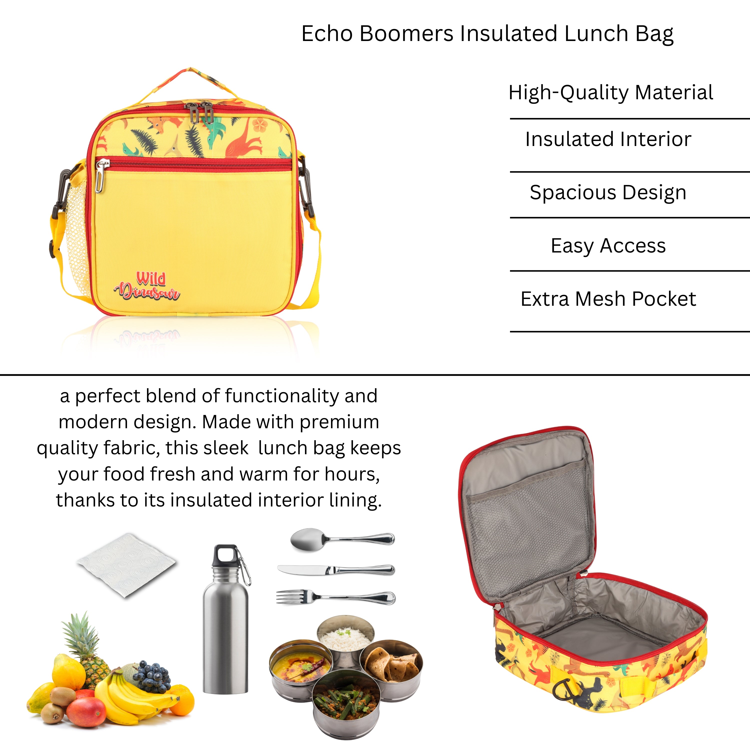 Echo Boomers PremiumDino Pint Lunch Bag – Stylish, Lightweight, Attractive, & Durable Meal Companion and versatile bag(Yellow).