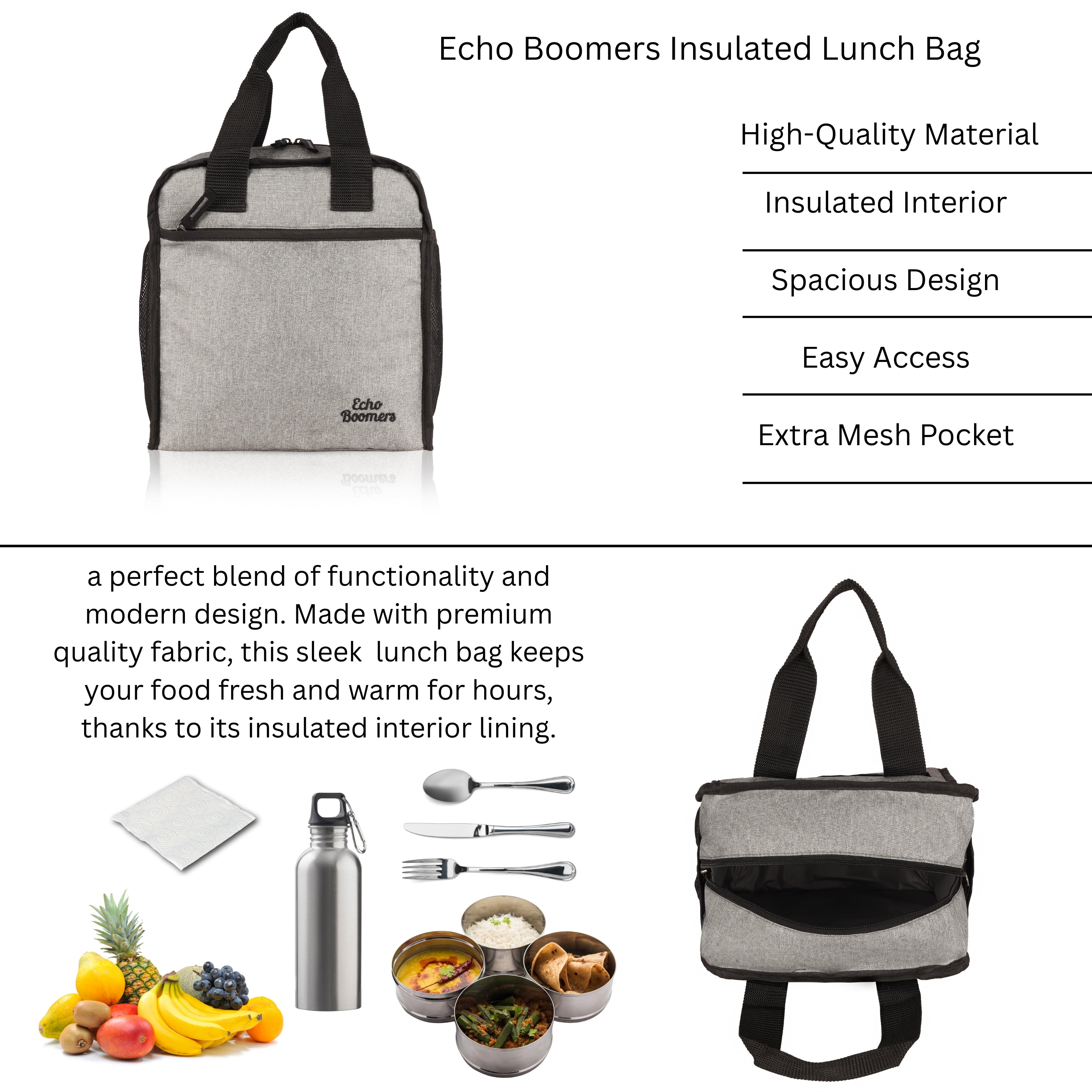 Echo Boomers Premium Lunch Bag – Stylish, Lightweight, Attractive, & Durable Meal Companion and versatile bag(Grey).