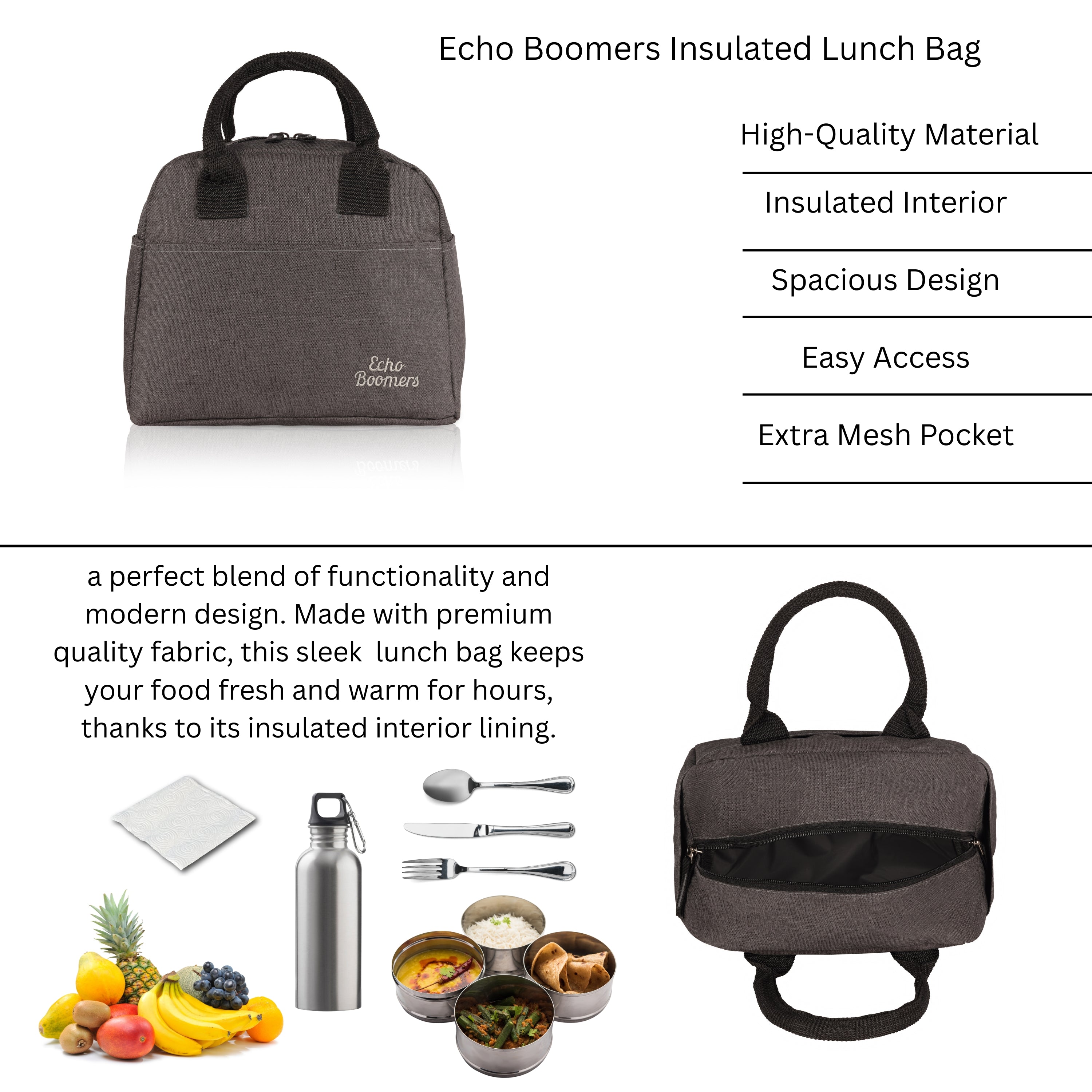 Echo Boomers Premium Lunch Bag – Stylish, Lightweight, Attractive, & Durable Meal Companion and versatile bag(Black).
