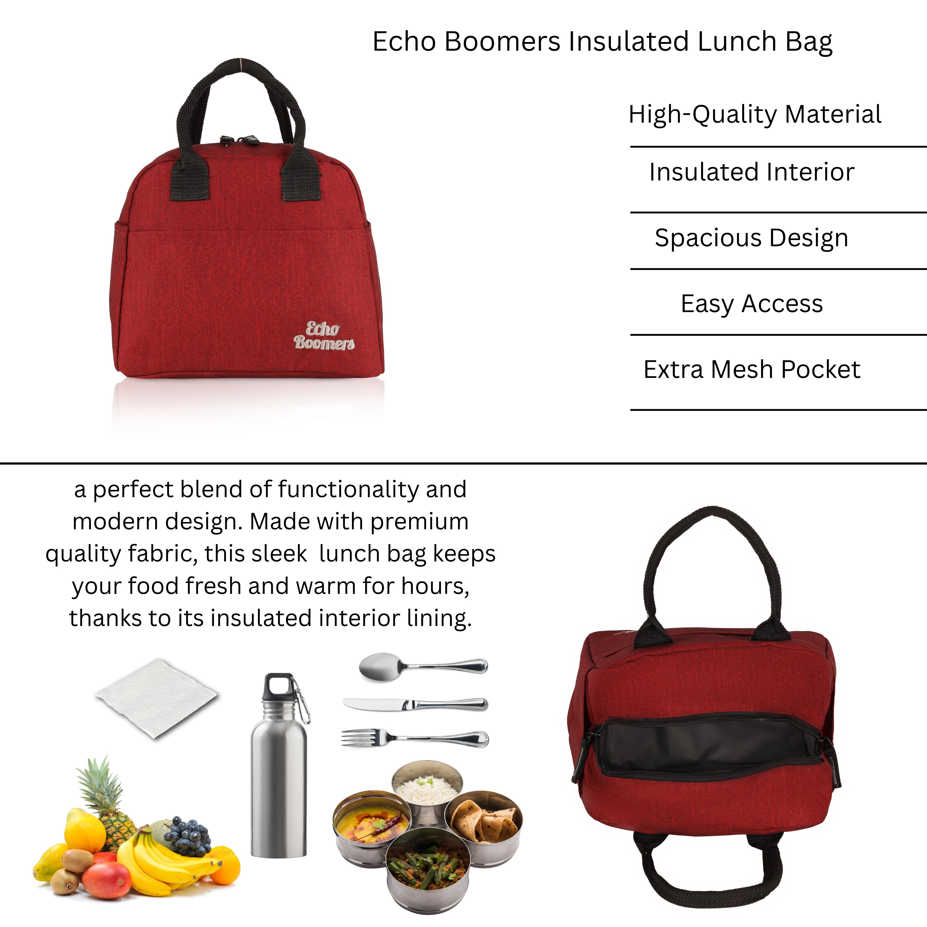 Echo Boomers Premium Lunch Bag – Stylish, Lightweight, Attractive, & Durable Meal Companion and versatile bag(Maroon).