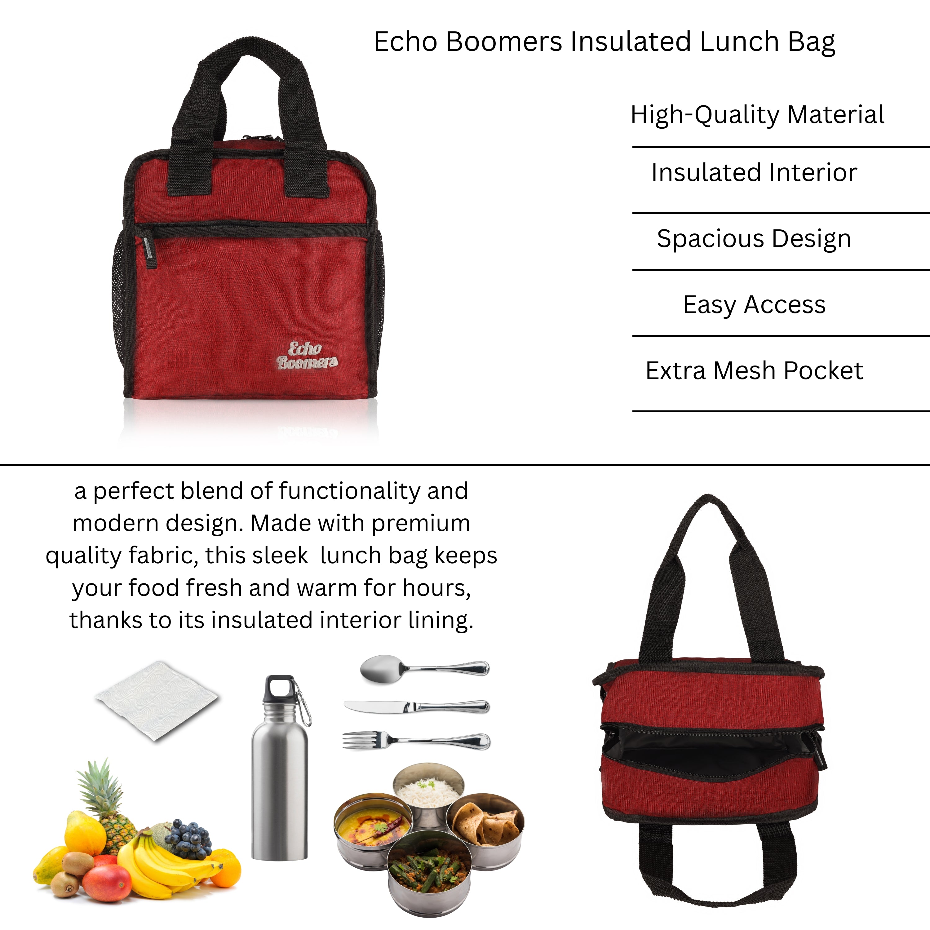 Echo Boomers Premium Lunch Bag – Stylish, Lightweight, Attractive, & Durable Meal Companion and versatile bag(Maroon).