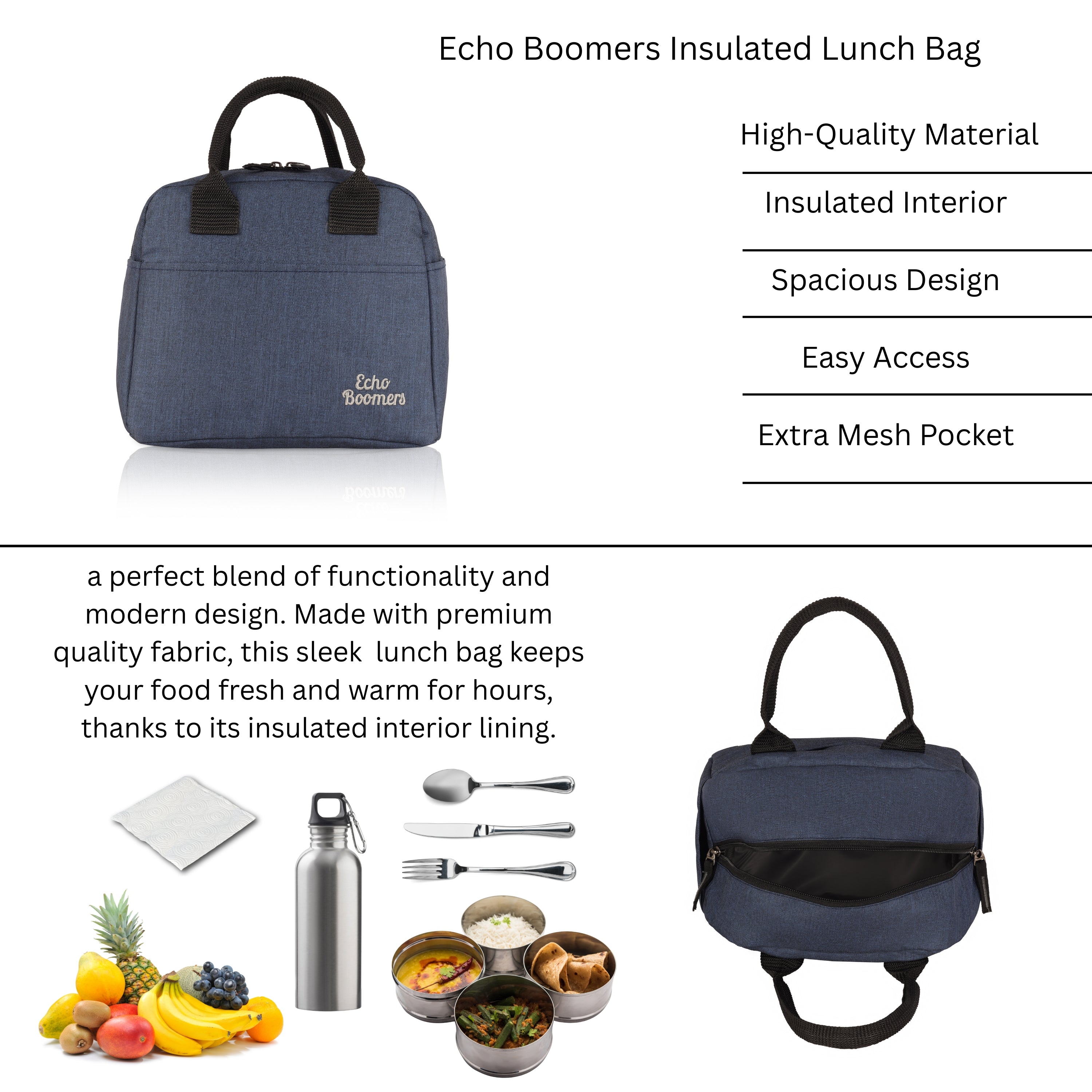 Echo Boomers Premium Lunch Bag – Stylish, Lightweight, Attractive, & Durable Meal Companion and versatile bag(Navy).