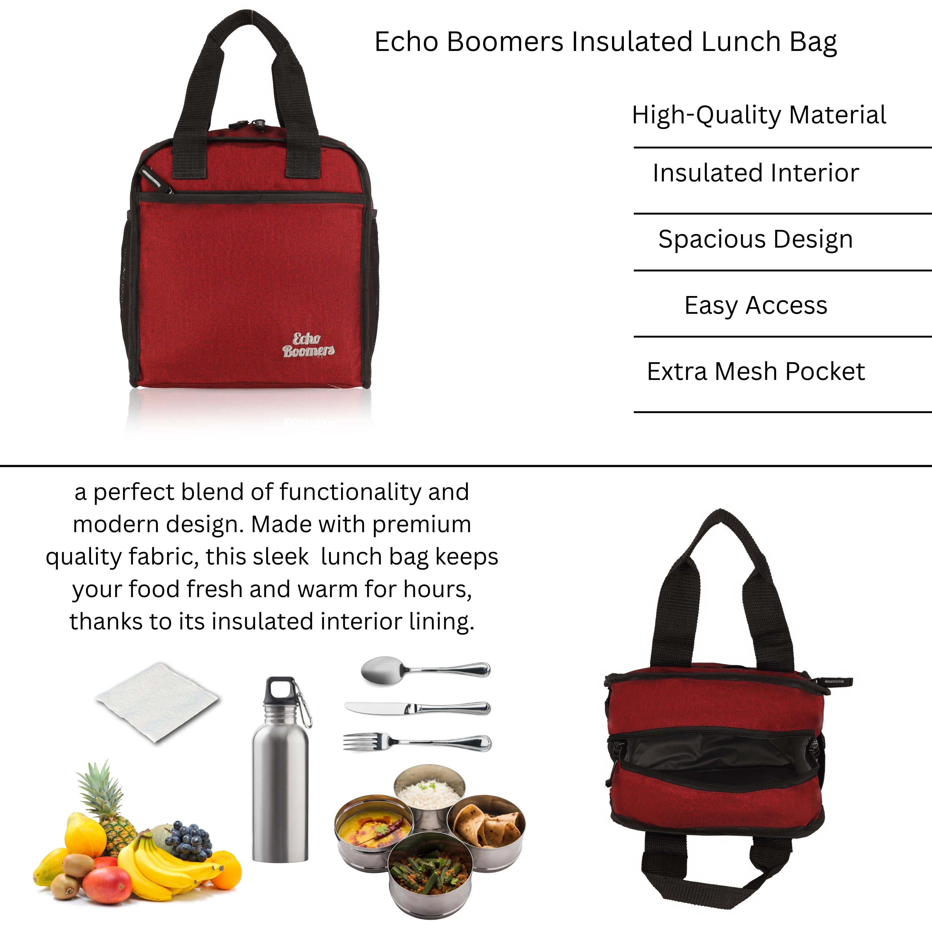Echo Boomers Premium Lunch Bag – Stylish, Lightweight, Attractive, & Durable Meal Companion and versatile bag(Maroon).