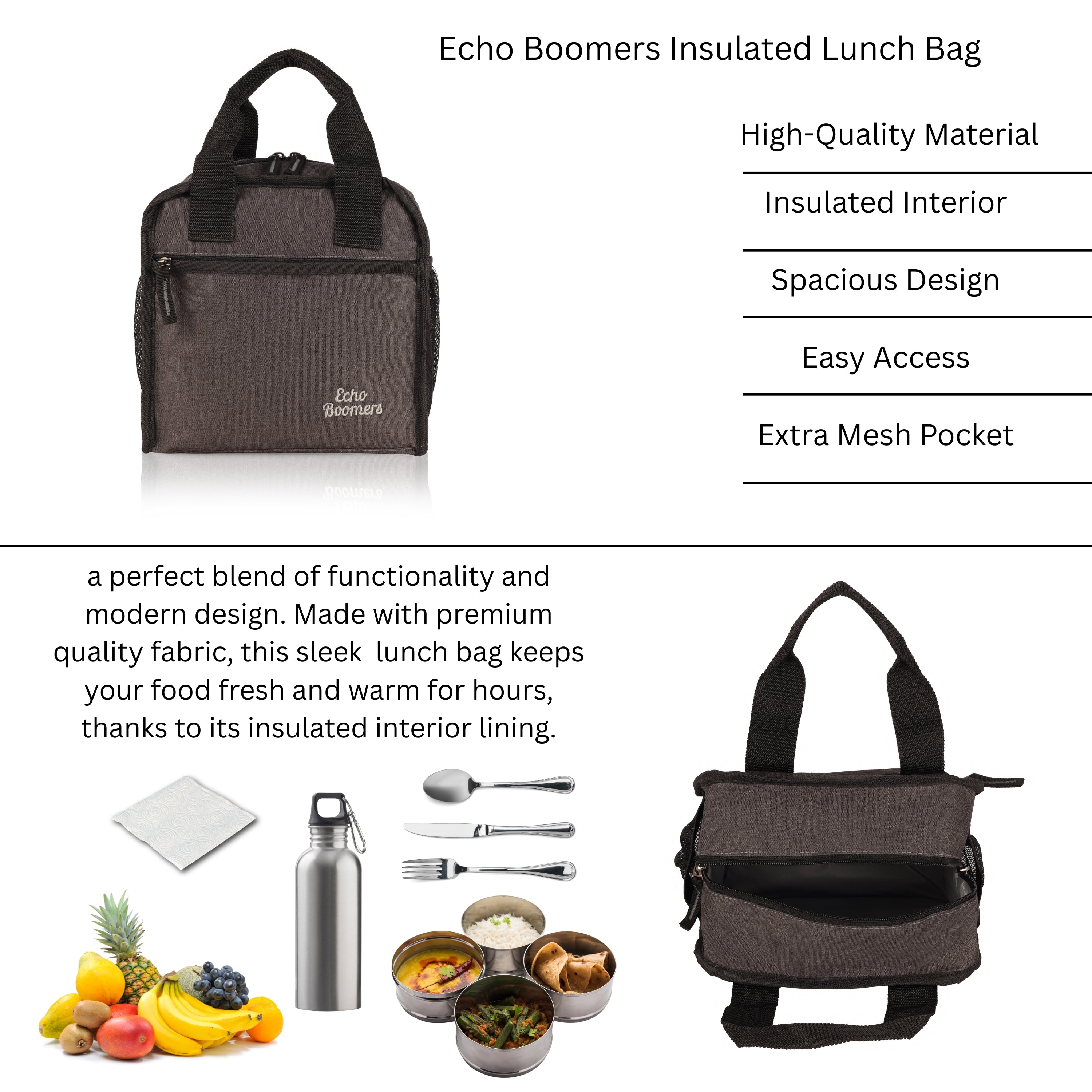 Echo Boomers Premium Lunch Bag – Stylish, Lightweight, Attractive, & Durable Meal Companion and versatile bag(Black).