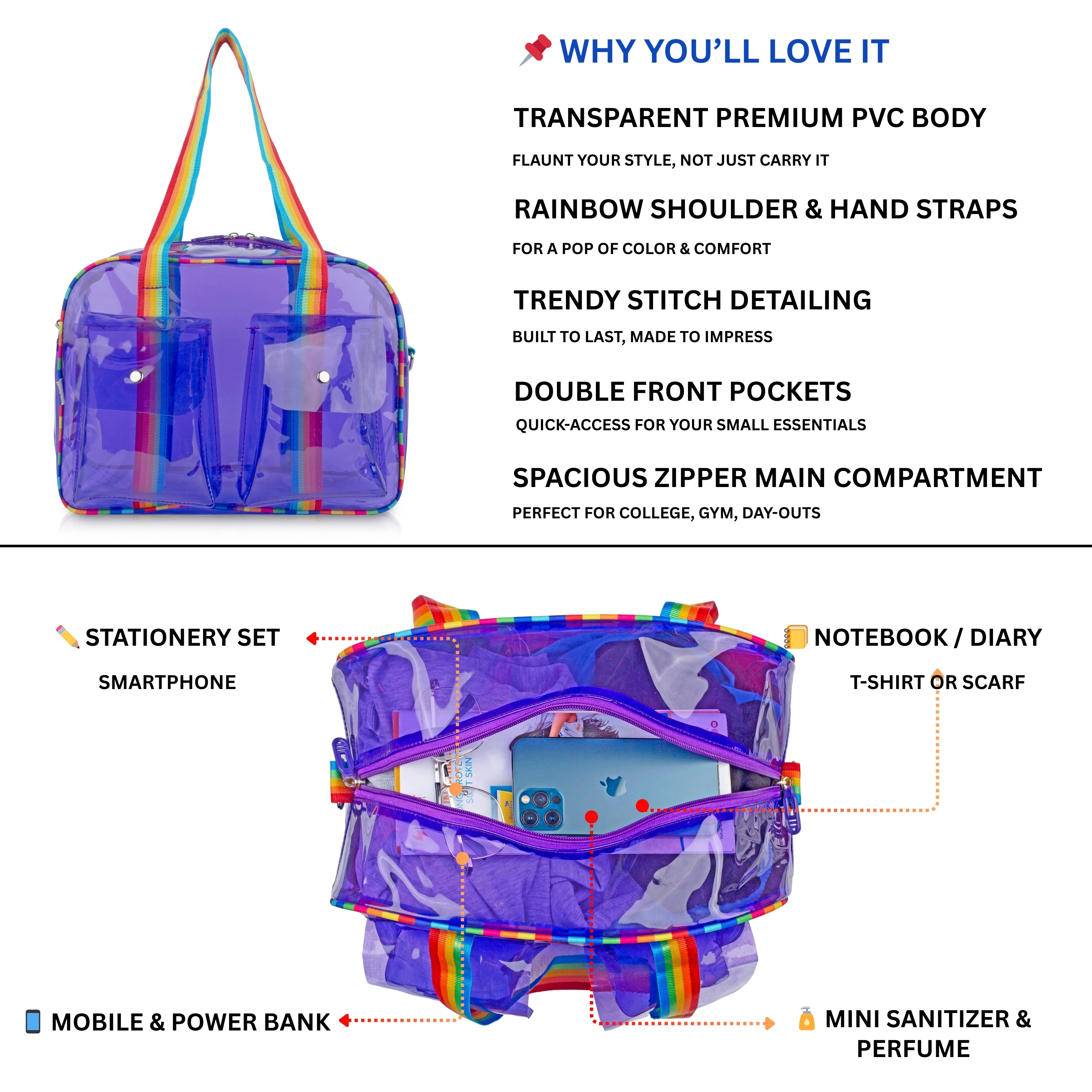 Echo Boomers Unisex Transparent Jelly Duffle Bag – Trendy  Travel Tote with Rainbow Straps & Dual Front Pockets – Fashion Gym, College & Weekend Bag