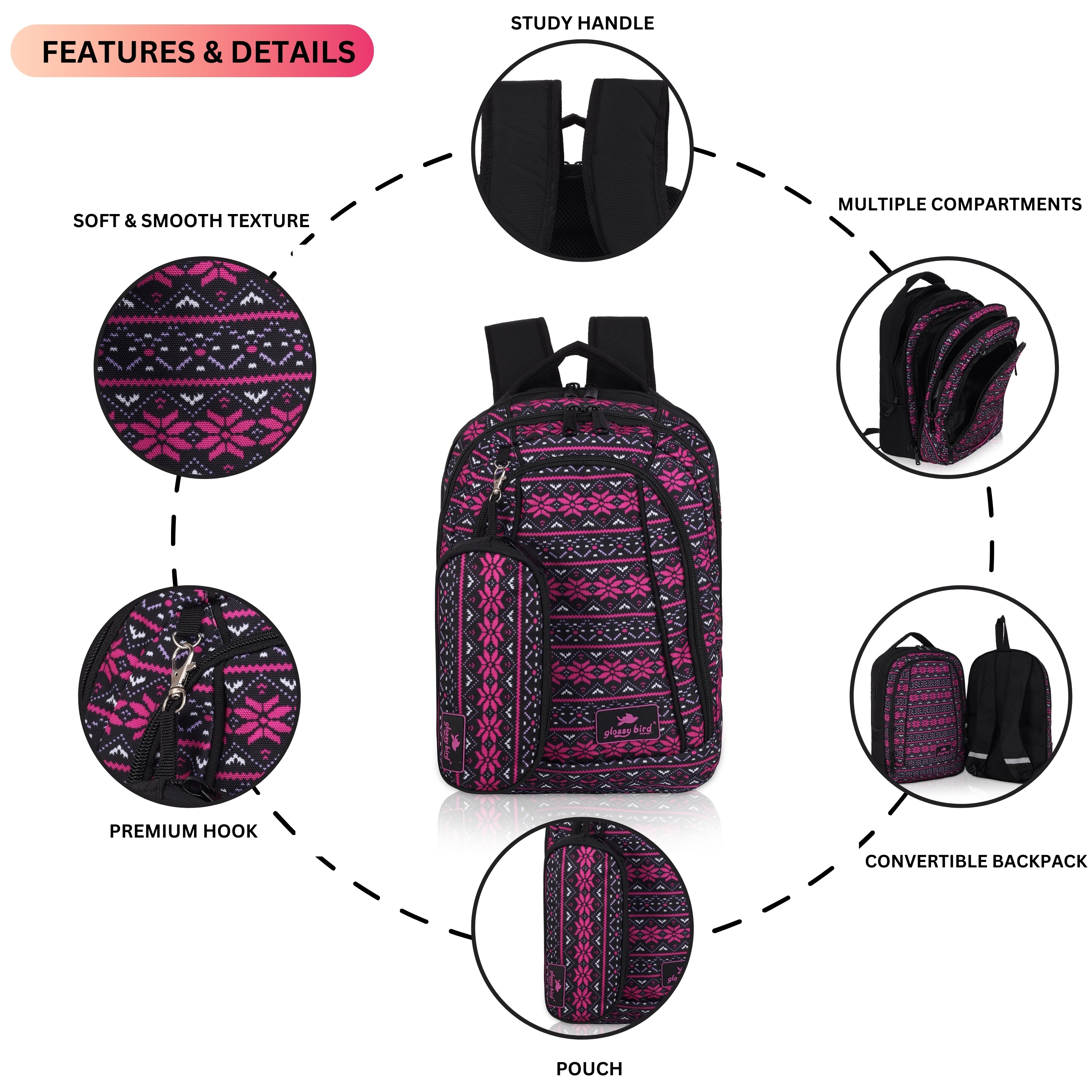 Echo Boomers Glossy Bird Unisex Backpack for School, Office & Travel – Water-Resistant, Lightweight Bag with 4 Compartments, Bottle Holder, Detachable Pouch & Ergonomic Straps (Purple)