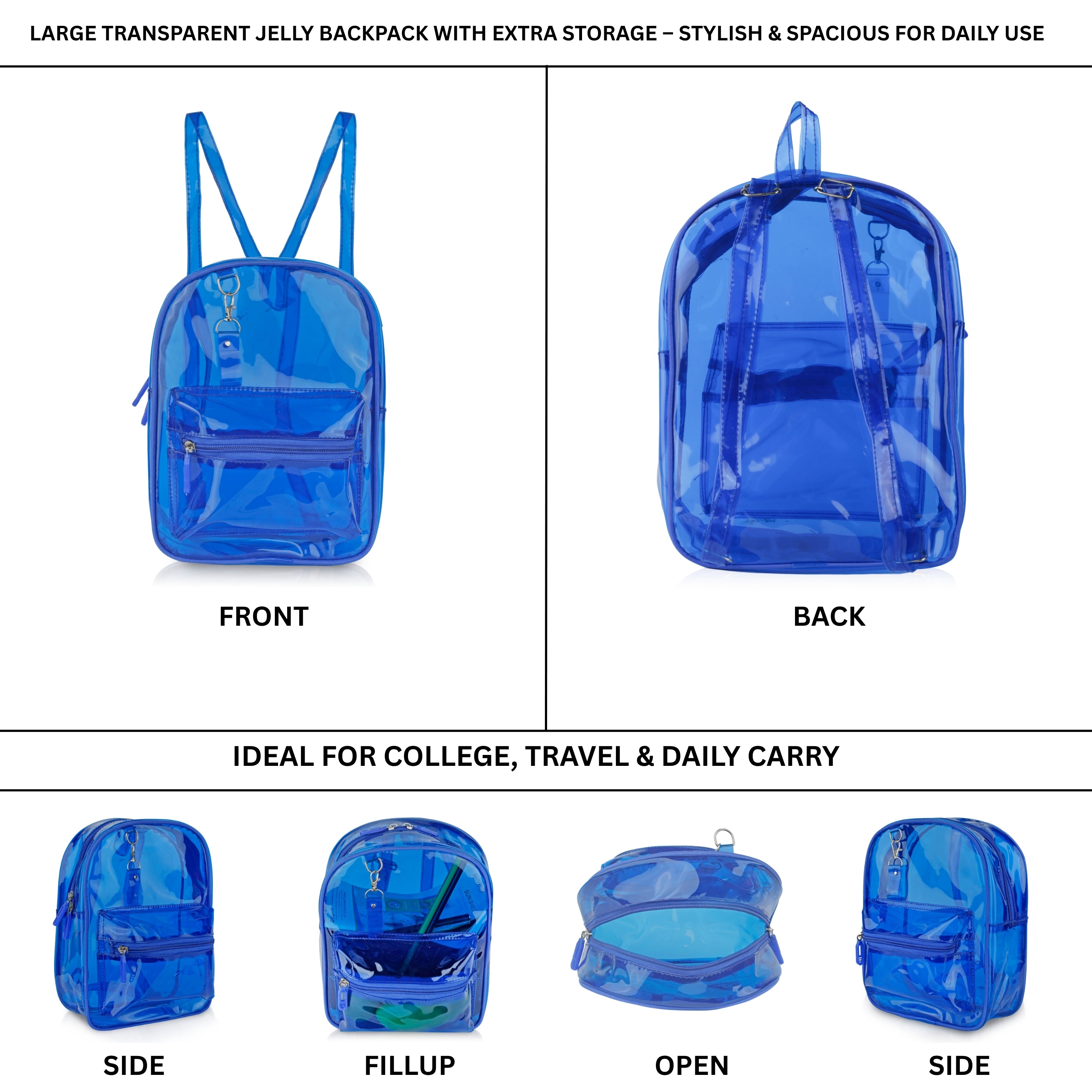 Echo Boomers Stylish Transparent Jelly Backpack | Trendy Neon  Clear Bag | 50 GSM Waterproof PVC School, College & Travel Backpack with Front Zipper Pocket
