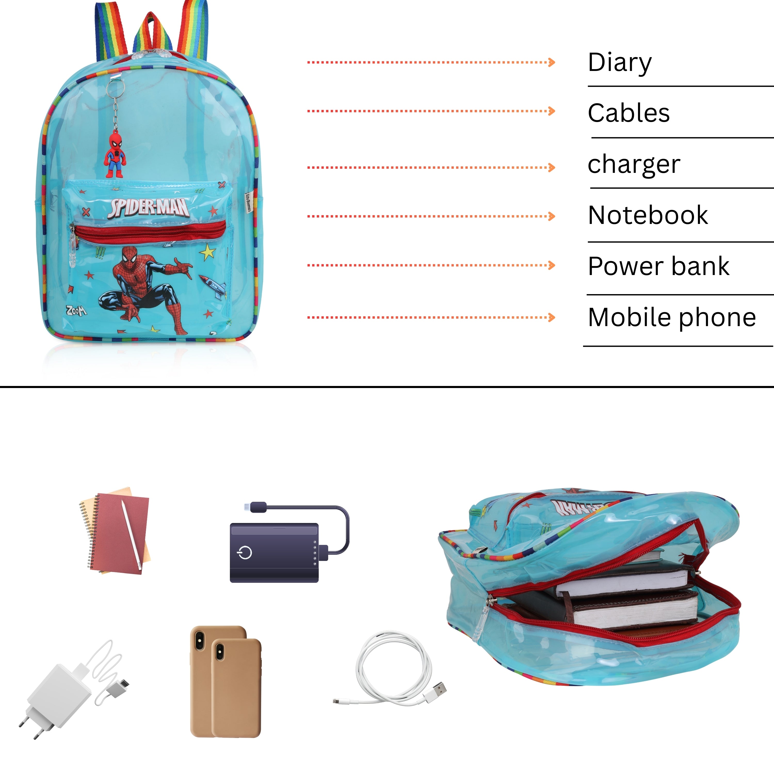 Echo Boomers Blue Jelly Backpack Stylish, Lightweight & Durable with Spiderman Print, Transparent Soft Plastic, Adjustable Straps, Sturdy Handle, Premium Zipper & Versatile Design for School, Play & Everyday Adventures.