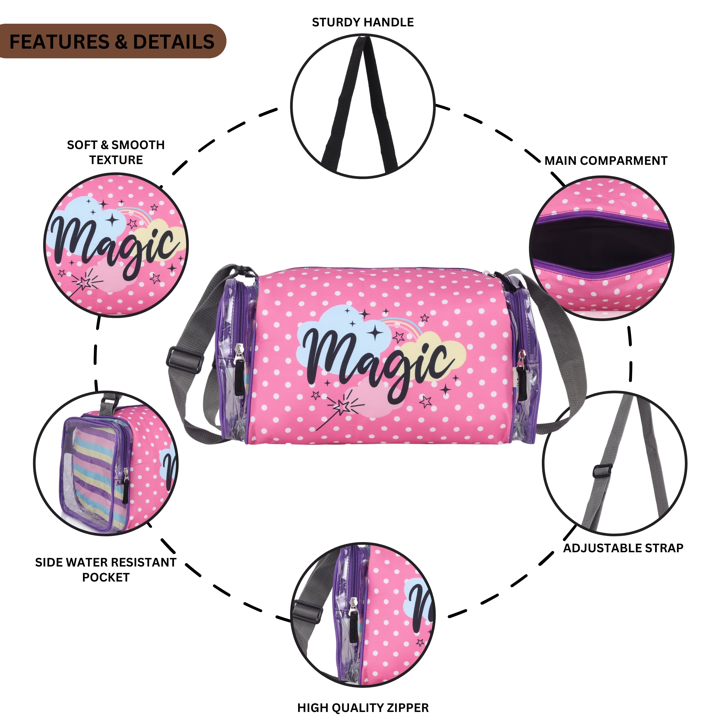 Echo Boomers Pink Magic Print Square Travel Duffle Gym Luggage Bag with PVC Side Compartments
