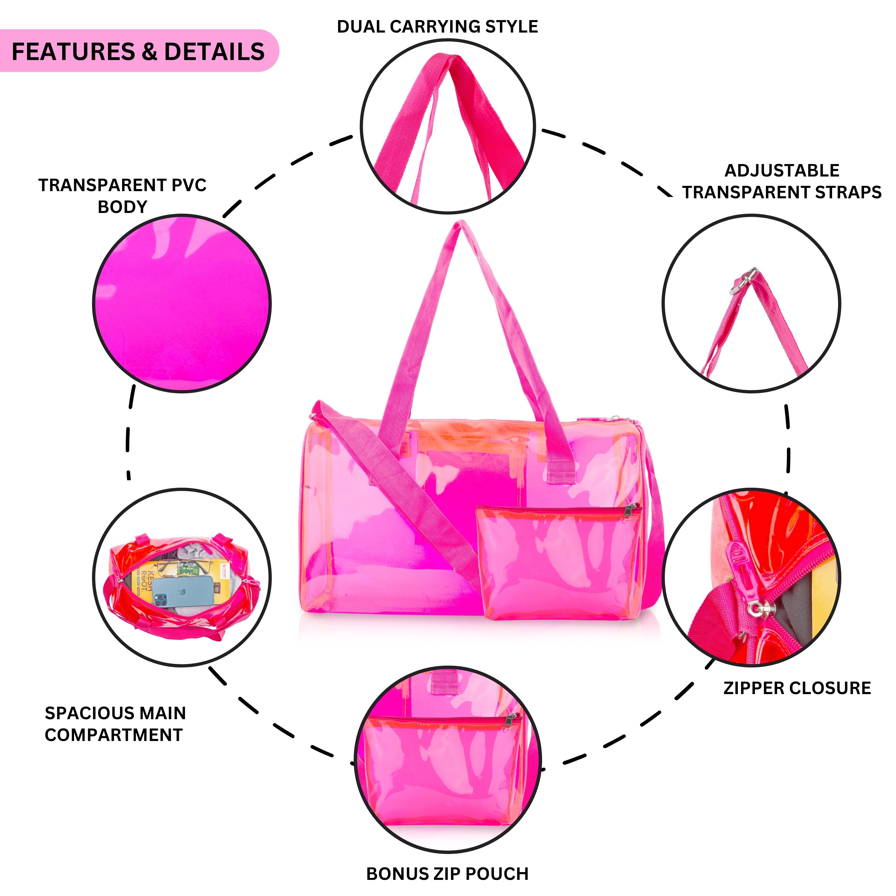 Echo Boomers Bold Blue Transparent Jelly Duffle Bag with Matching Pouch | 50 GSM Waterproof PVC Travel Gym Tote | Lightweight Shoulder Handbag for Women, Girls, College, Sports & Weekend Trips