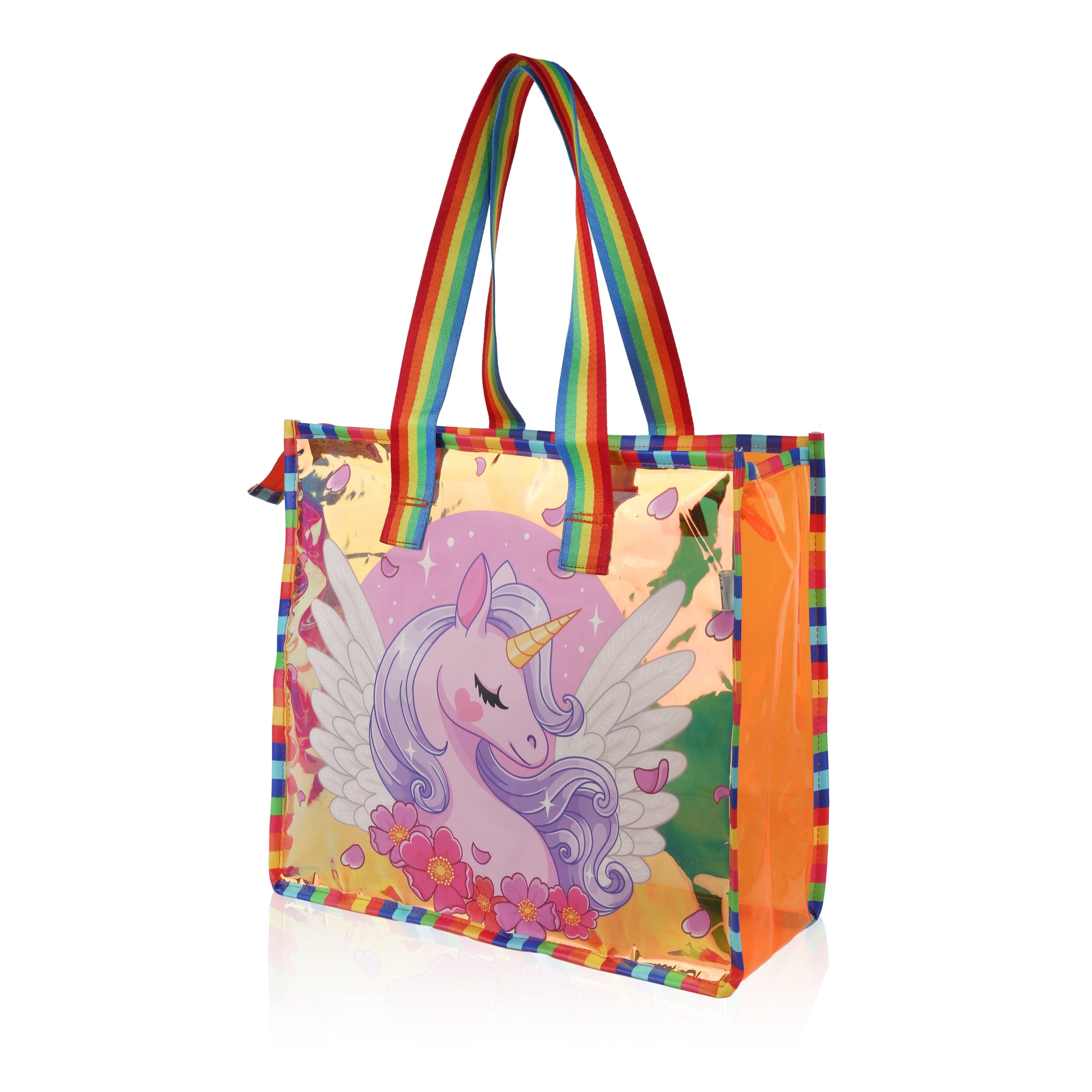 Echo Boomers Cute Mermaid,Magical Unicorn Wings,Astronaut, Stylish Cat,Cute Love Unicorn Transparent 50 GsmTote Bag – Rainbow Handles | Spacious, Durable & Stylish PVC Bag
