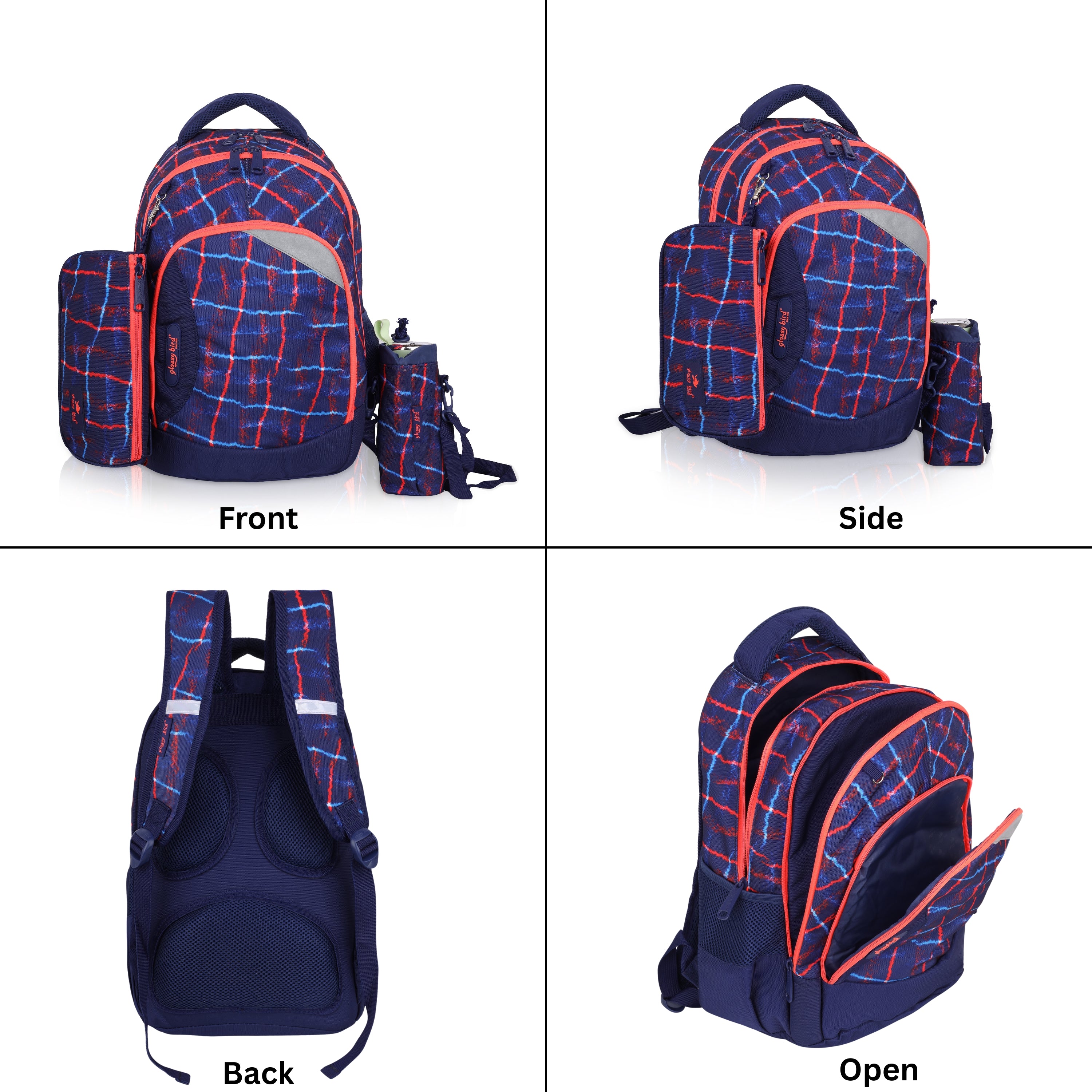 Echo Boomers Glossy Bird Backpack (BLACK) – Lightweight Water-Resistant School Bag for Girls & Boys with Detachable Pouch & Bottle Holder – Stylish Multi-Pocket Travel Backpack
