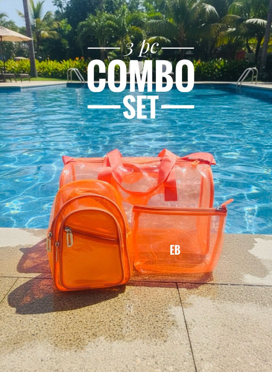 Echo Boomers Premium Orange PVC Transparent Bag Combo Set (3 pcs) – Duffel Bag, Mini Backpack & Pouch | Waterproof Travel, Gym & Toiletry Organizer for Men & Women