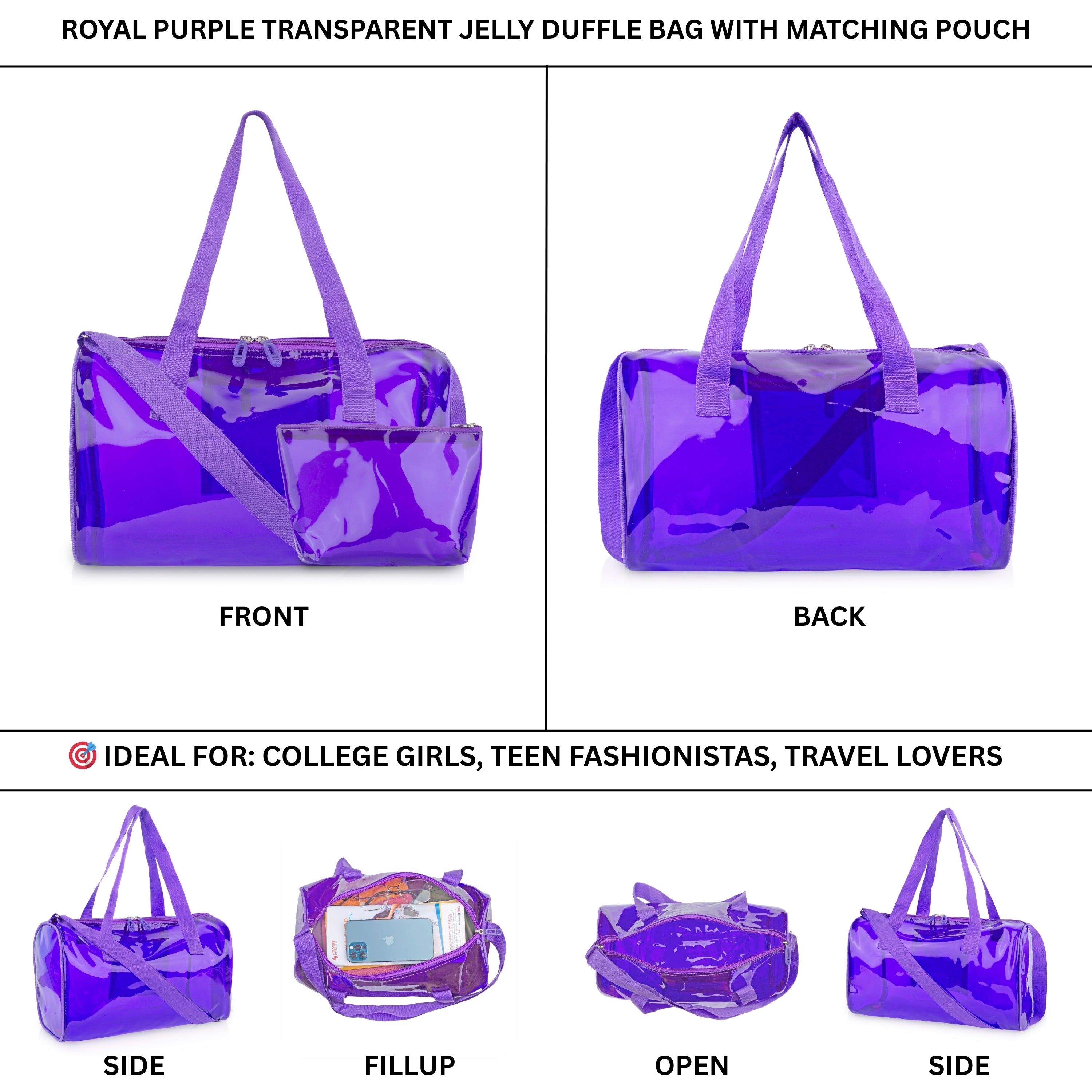 Echo Boomers Bold Blue Transparent Jelly Duffle Bag with Matching Pouch | 50 GSM Waterproof PVC Travel Gym Tote | Lightweight Shoulder Handbag for Women, Girls, College, Sports & Weekend Trips