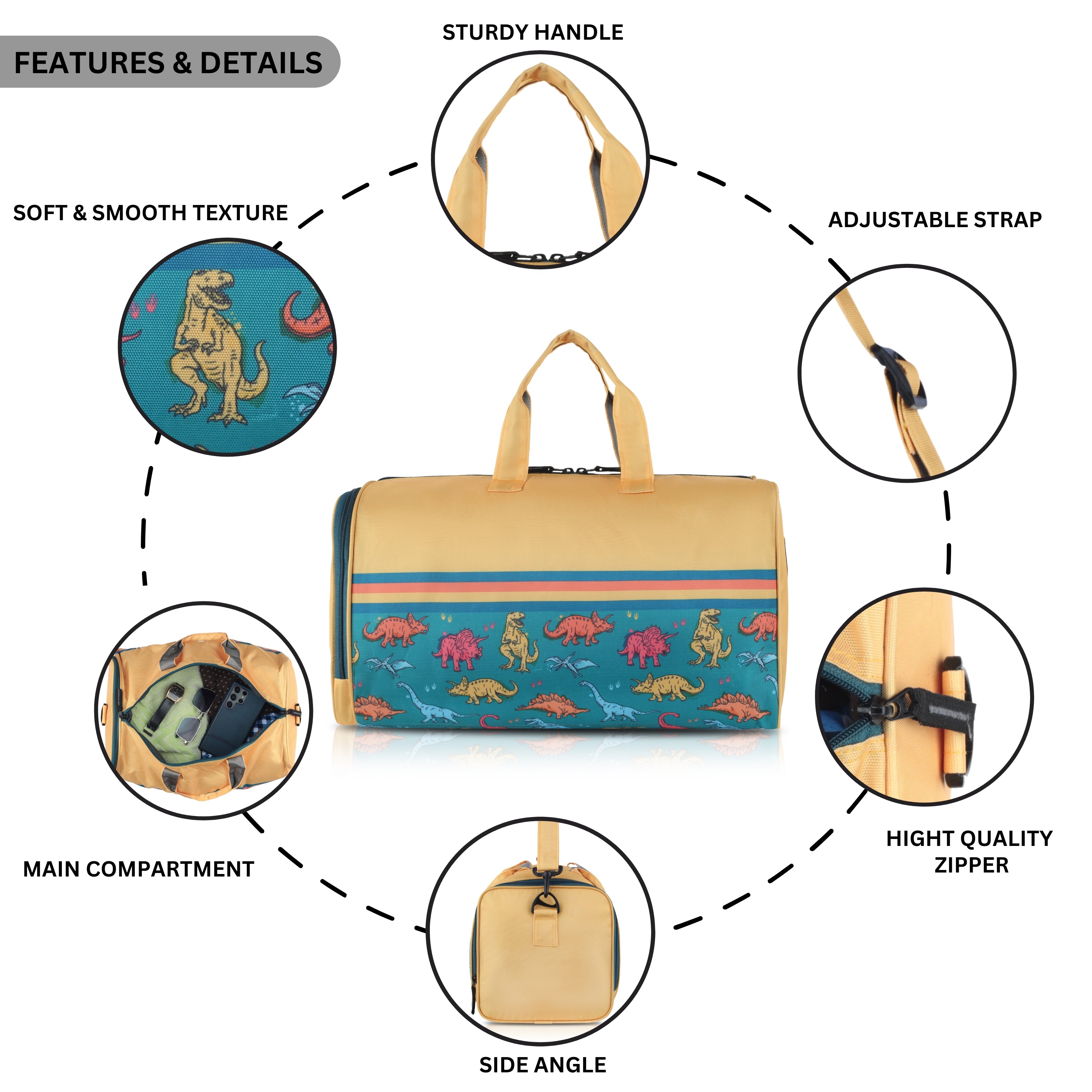 Echo Boomers Square Dino Print Duffle Bag – Stylish Travel & Gym Bag with Shoe Compartment