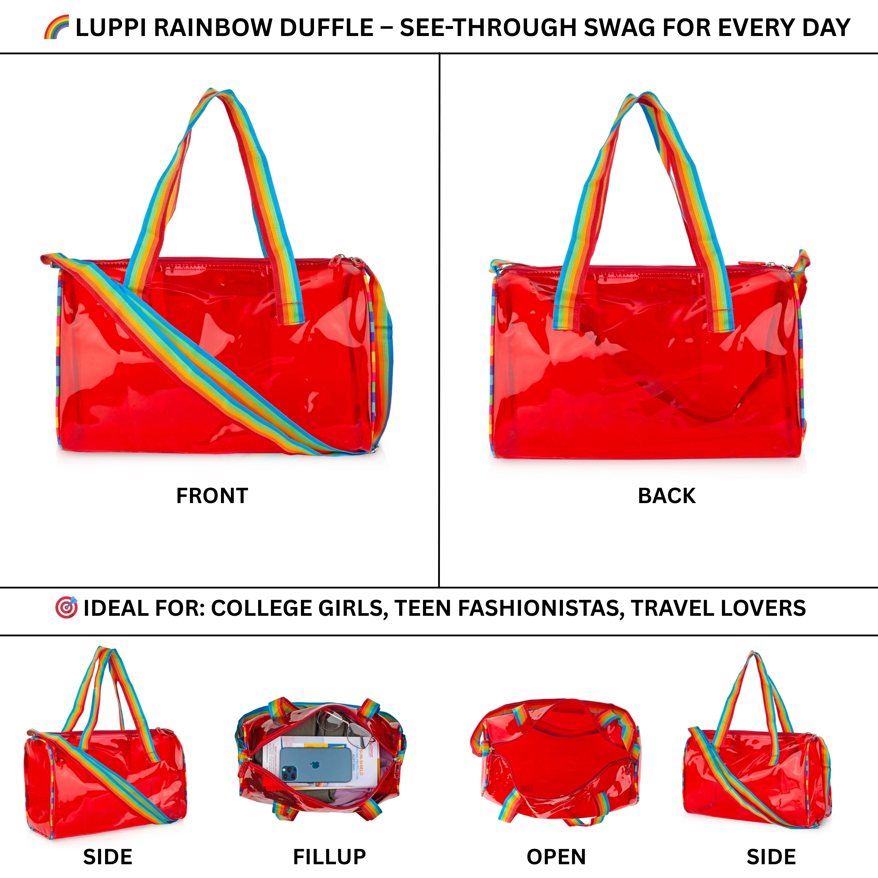 Echo Boomers See-Through Jelly Duffle –  Transparent Bag with Rainbow Handles | Trendy Handbag for School, Gym, Travel, Beach