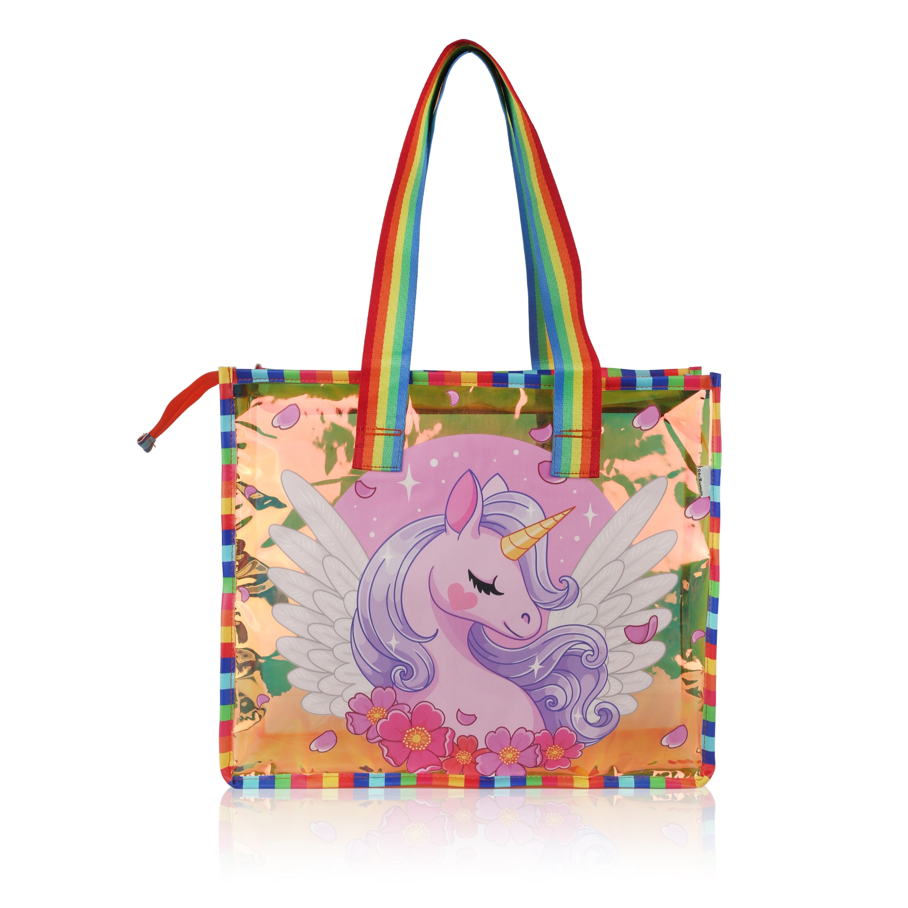 Echo Boomers Cute Mermaid,Magical Unicorn Wings,Astronaut, Stylish Cat,Cute Love Unicorn Transparent 50 GsmTote Bag – Rainbow Handles | Spacious, Durable & Stylish PVC Bag