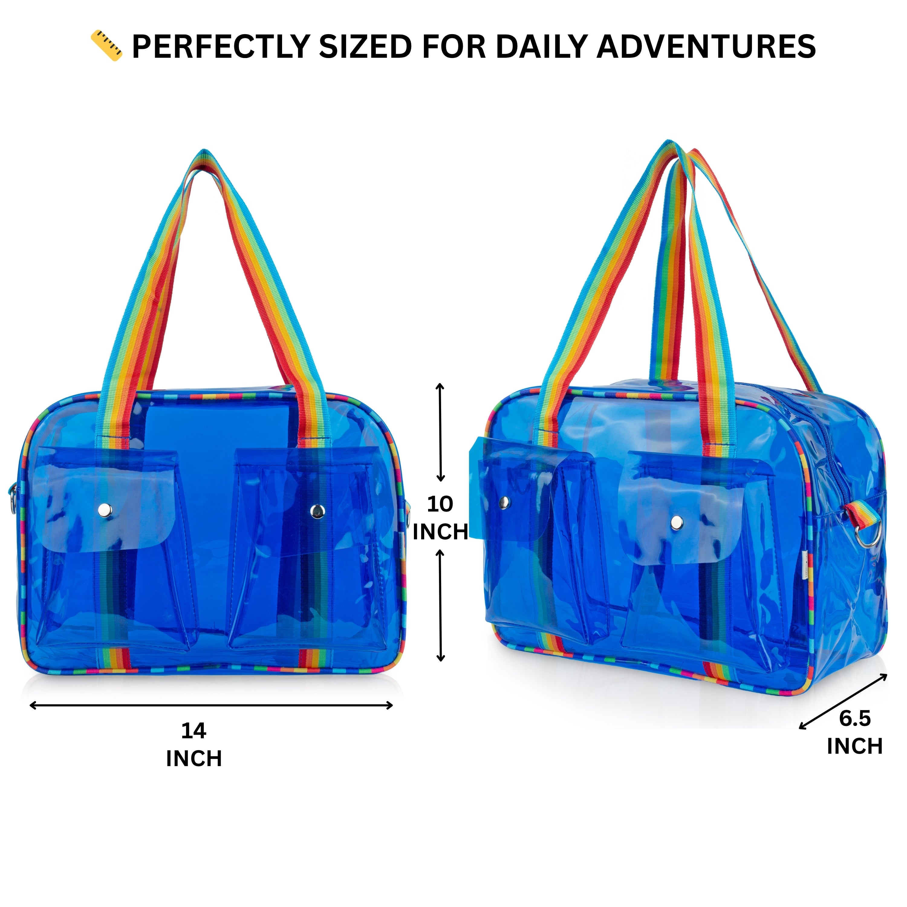 Echo Boomers Unisex Transparent Jelly Duffle Bag – Trendy  Travel Tote with Rainbow Straps & Dual Front Pockets – Fashion Gym, College & Weekend Bag