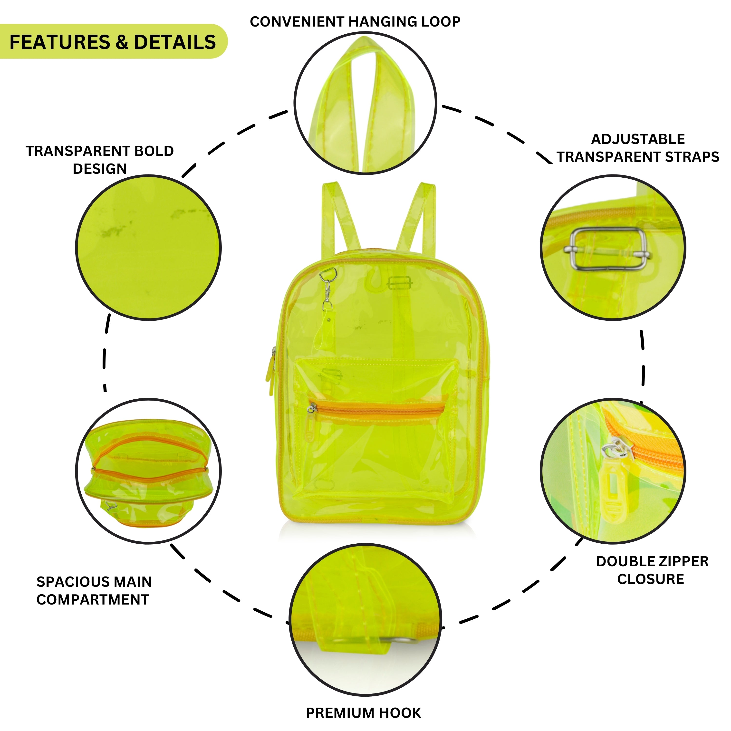 Echo Boomers Stylish Transparent Jelly Backpack | Trendy Neon Yellow Clear Bag | 50 GSM Waterproof PVC School, College & Travel Backpack with Front Zipper Pocket