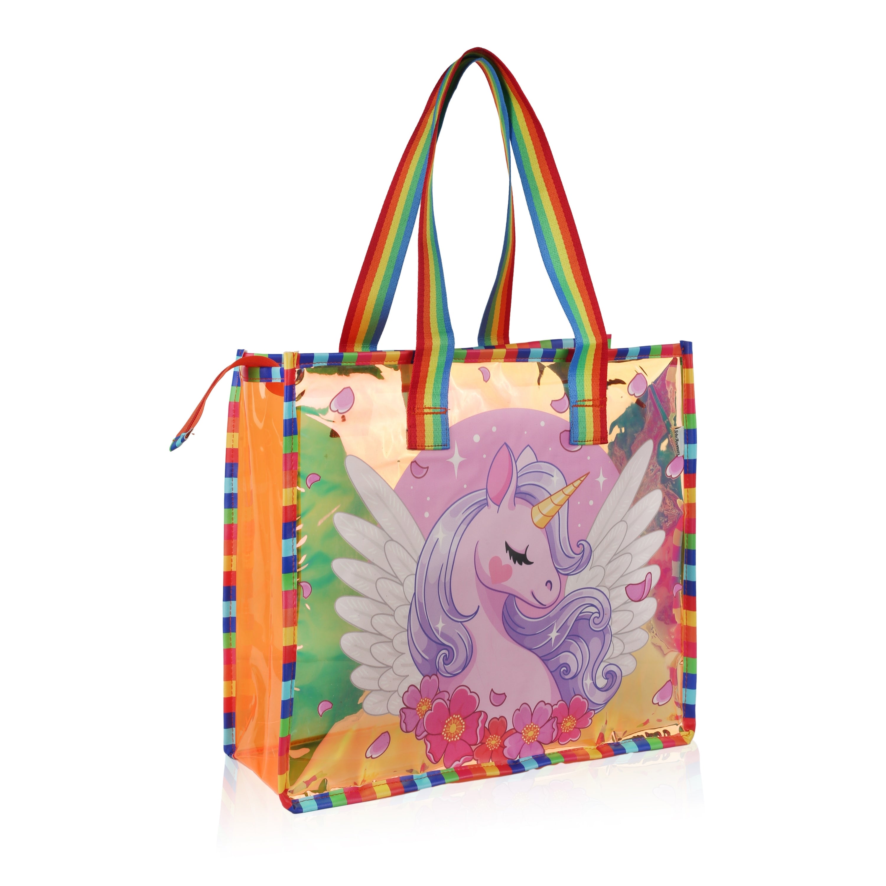Echo Boomers Cute Mermaid,Magical Unicorn Wings,Astronaut, Stylish Cat,Cute Love Unicorn Transparent 50 GsmTote Bag – Rainbow Handles | Spacious, Durable & Stylish PVC Bag