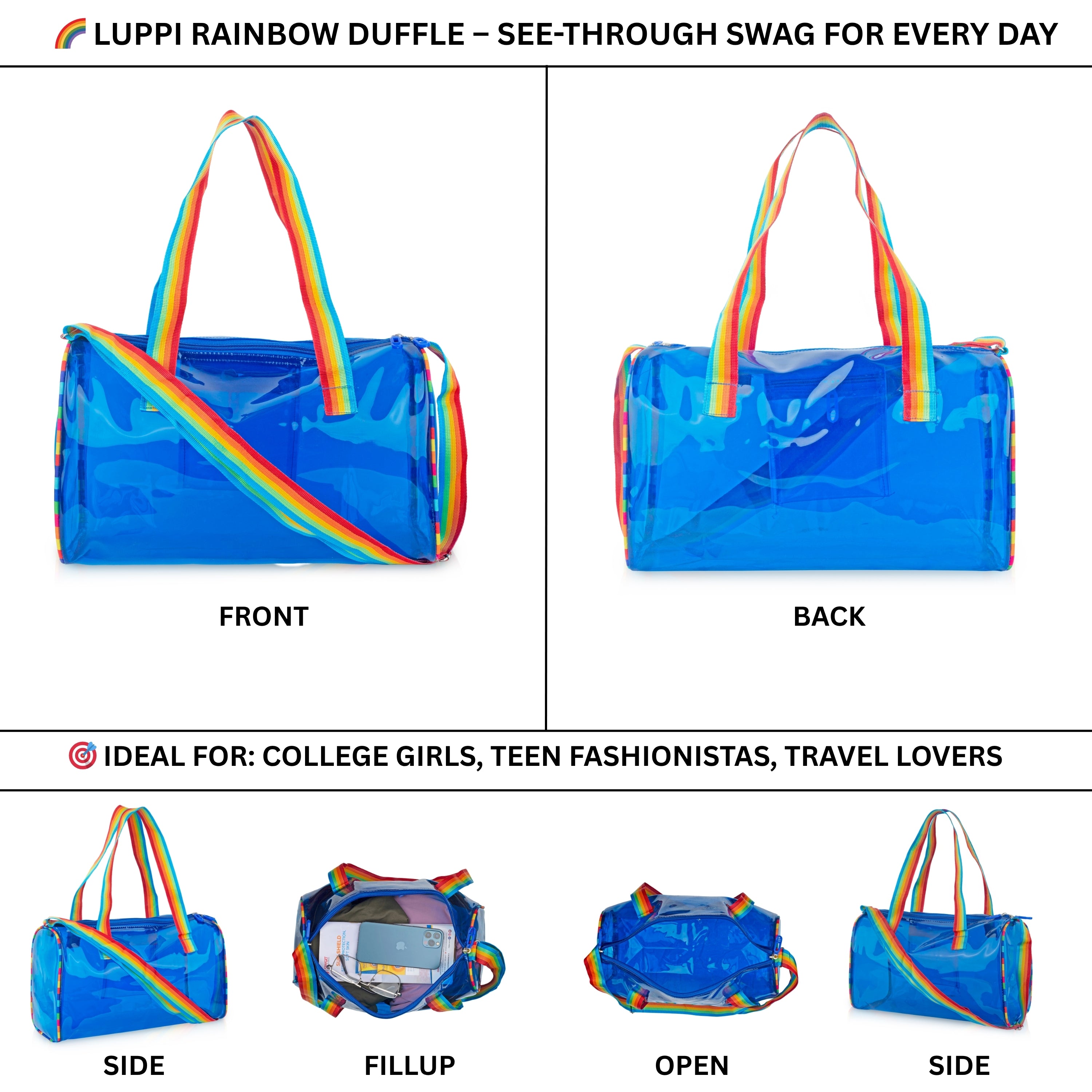 Echo Boomers See-Through Jelly Duffle –  Transparent Bag with Rainbow Handles | Trendy Handbag for School, Gym, Travel, Beach
