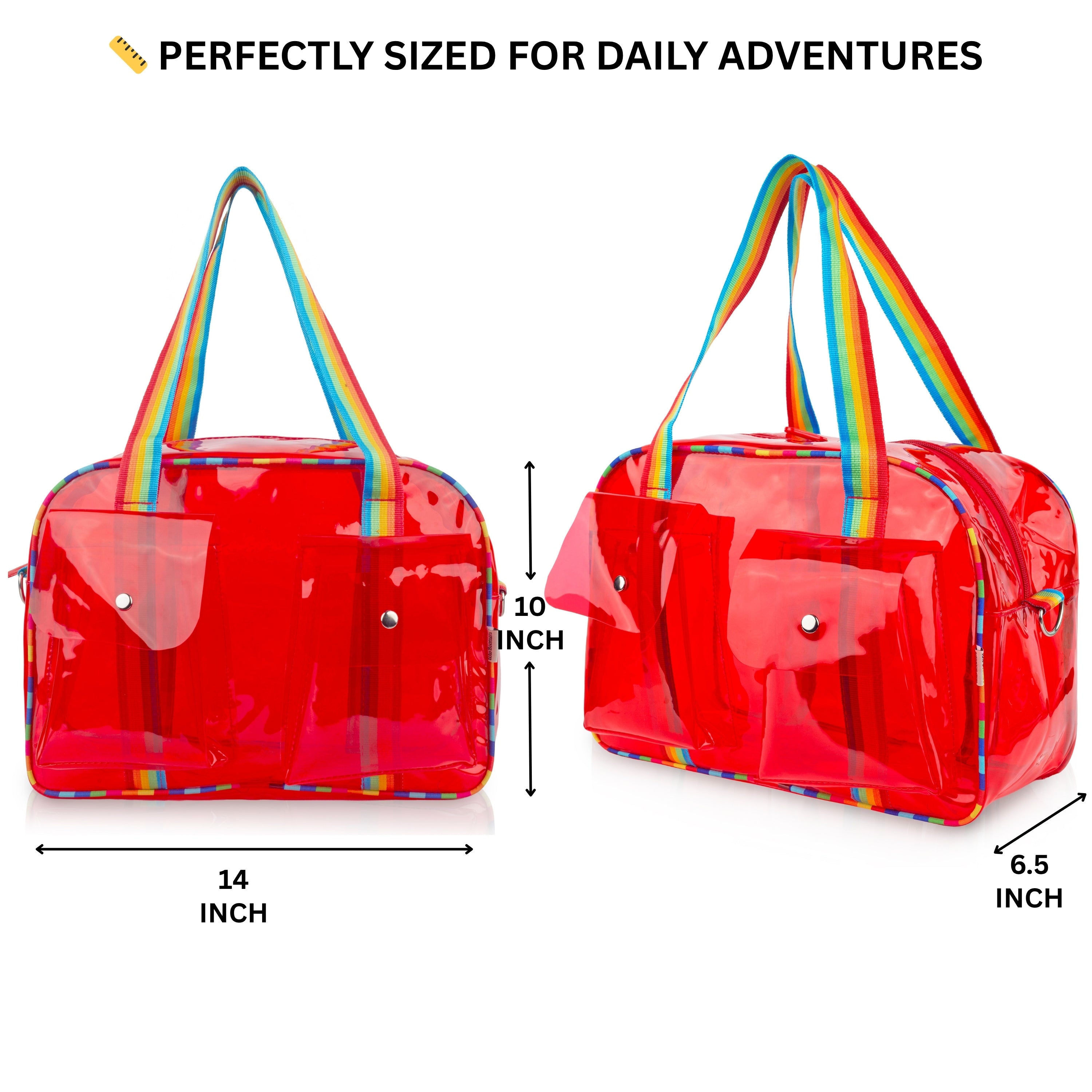 Echo Boomers Unisex Transparent Jelly Duffle Bag – Trendy  Travel Tote with Rainbow Straps & Dual Front Pockets – Fashion Gym, College & Weekend Bag