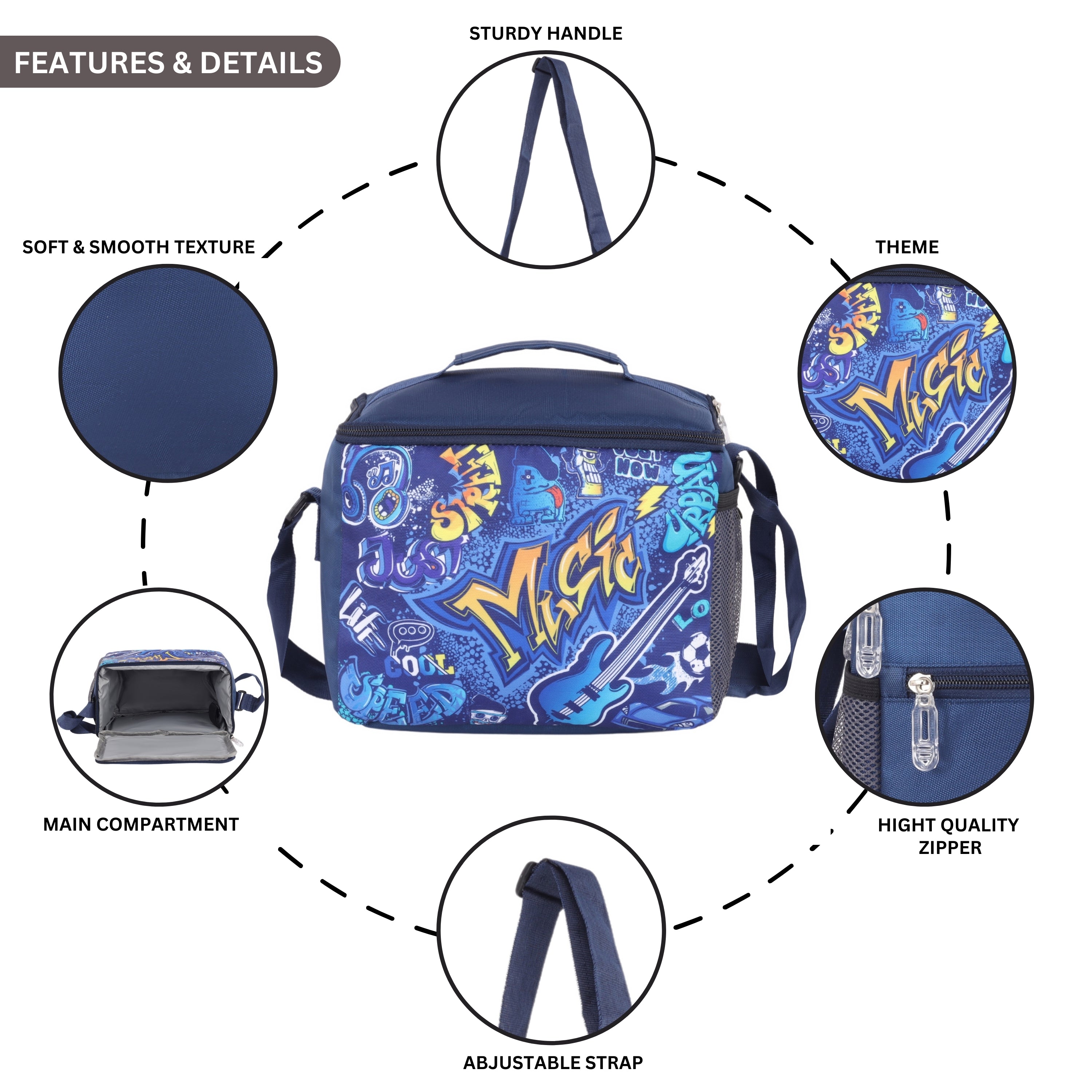 Echo Boomers Music Printed Insulated Lunch Bag, Tiffin and Food Storage Bag for Work, Students, Office, Picnic, College & School with Bottle Holder & Multiple Zipper Pockets (Blue)