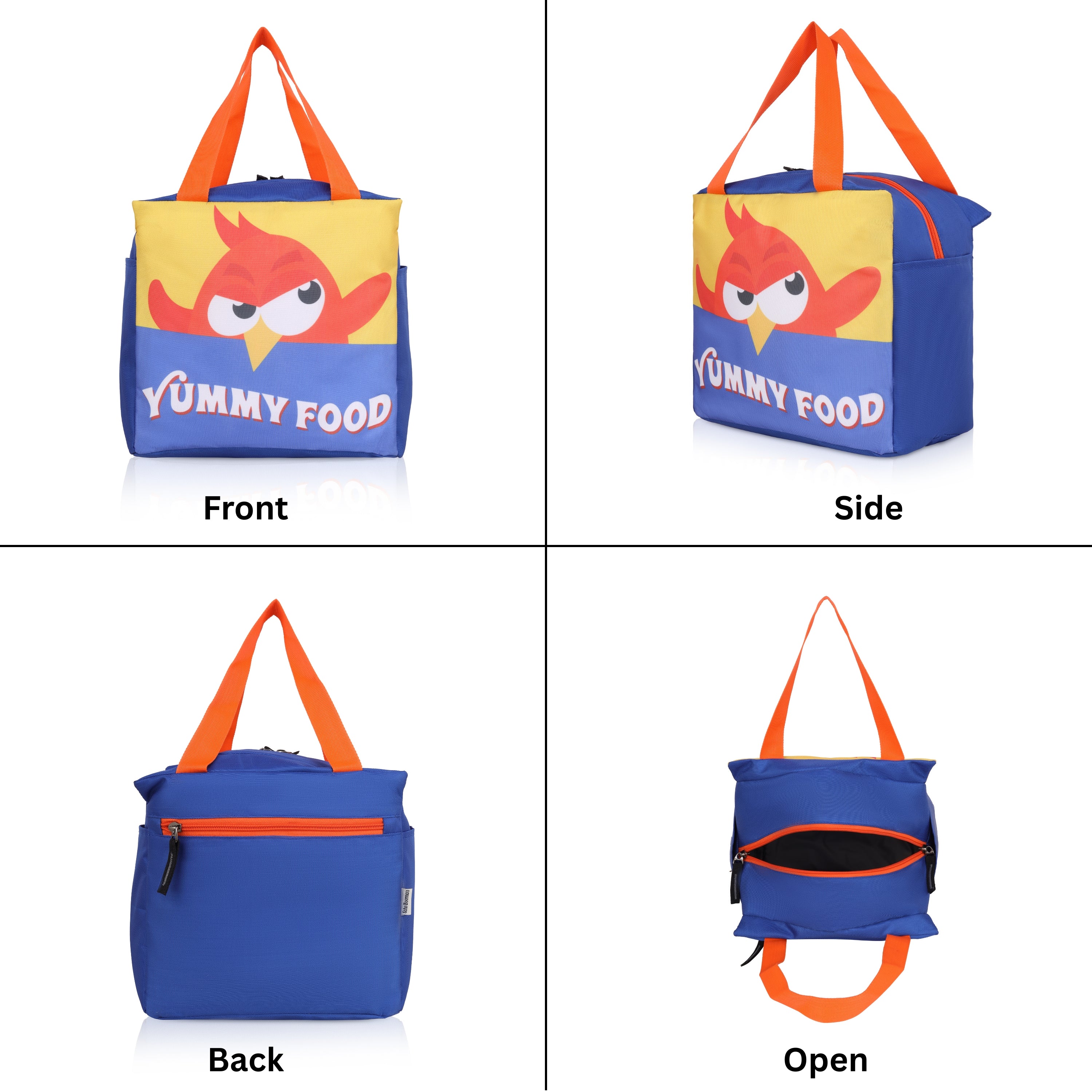 Echo Boomers Yummy Food Blue Lunch Bag with Orange Bird Print for Kids | Stylish, Lightweight & Durable | School, Travel & Picnic Use | Premium Zipper, Sturdy Handle, Easy to Clean