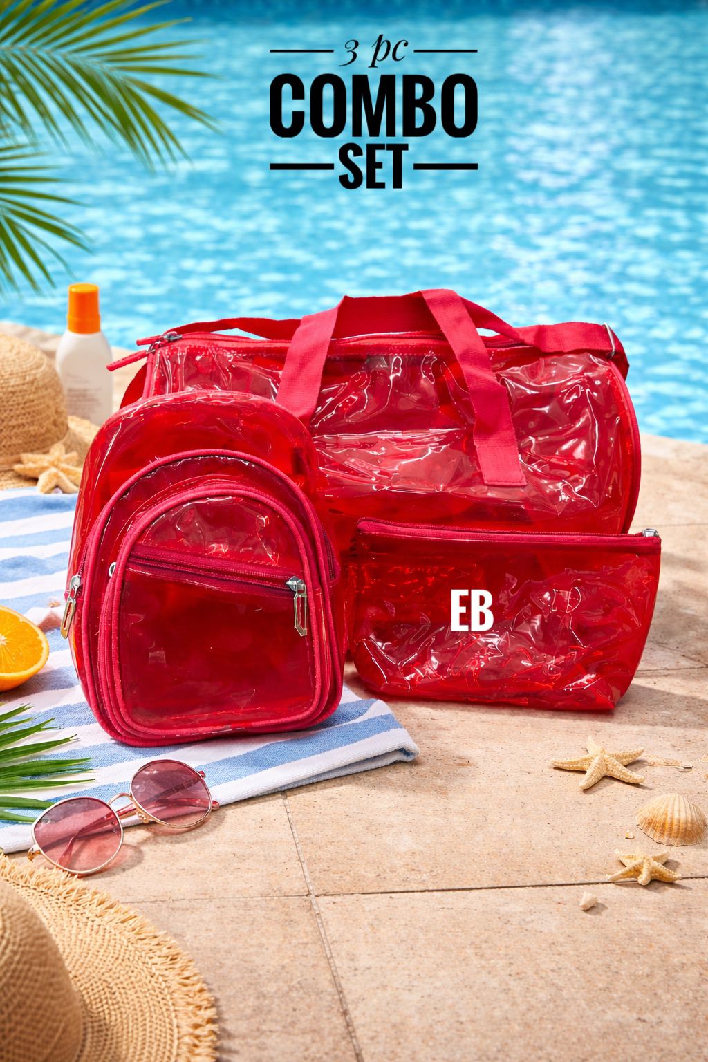 Echo Boomers Premium Orange PVC Transparent Bag Combo Set (3 pcs) – Duffel Bag, Mini Backpack & Pouch | Waterproof Travel, Gym & Toiletry Organizer for Men & Women