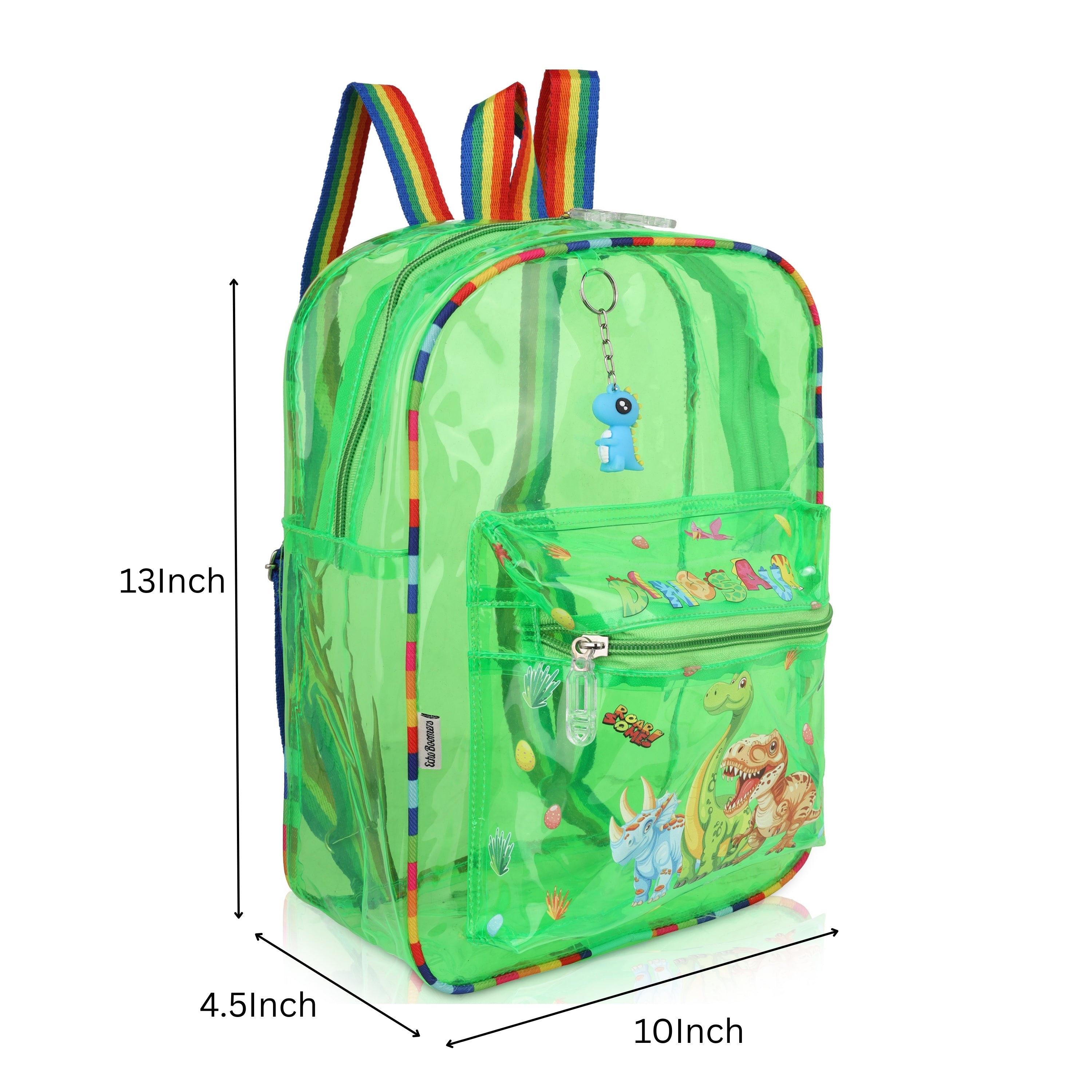 Echo Boomers Green Jelly Backpack Stylish, Lightweight & Durable with Dinosaur Print & “Dinosaur” Text, Transparent Soft Plastic, Adjustable Straps, Sturdy Handle, Premium Zipper & Versatile Design for School, Play & Everyday Adventures.