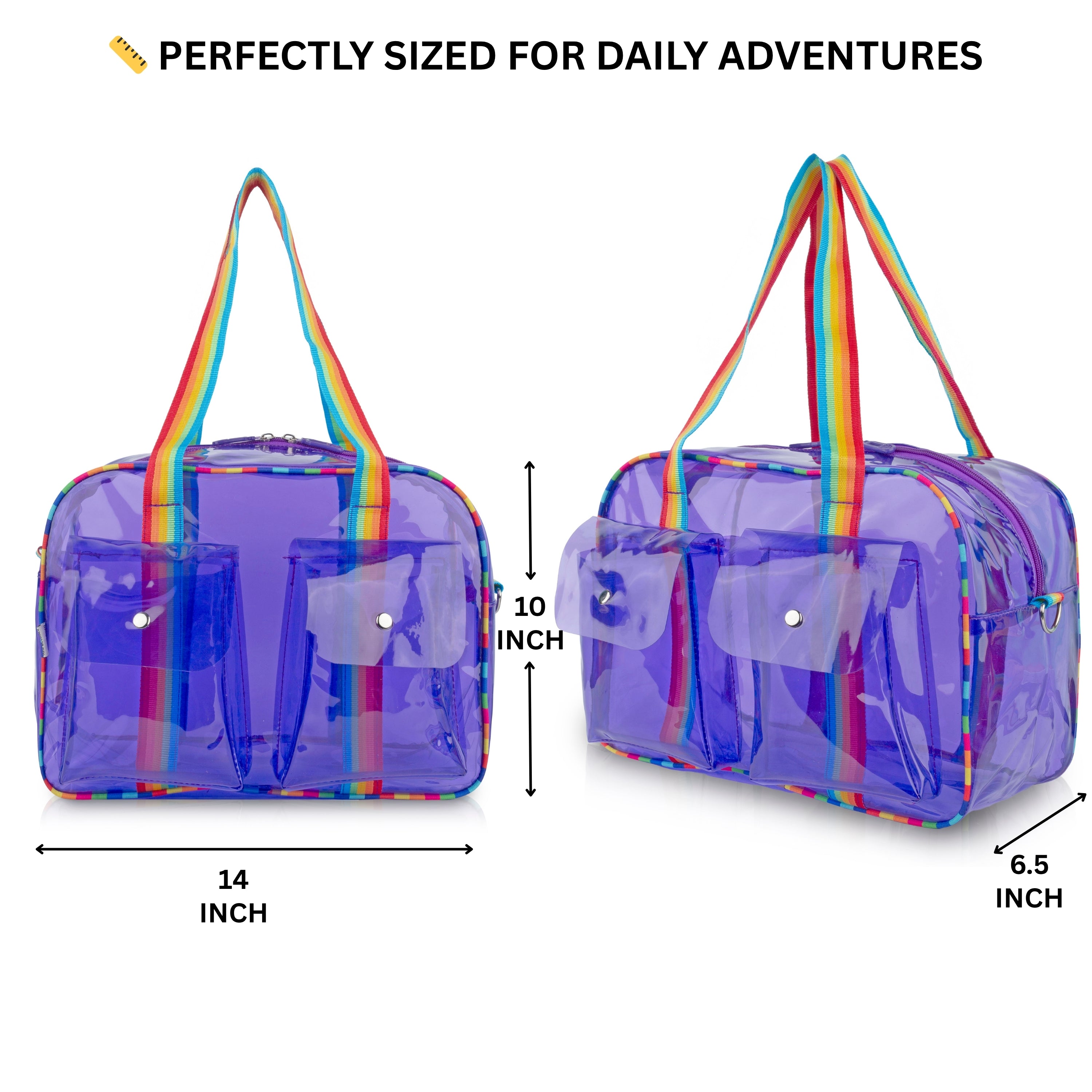 Echo Boomers Unisex Transparent Jelly Duffle Bag – Trendy  Travel Tote with Rainbow Straps & Dual Front Pockets – Fashion Gym, College & Weekend Bag