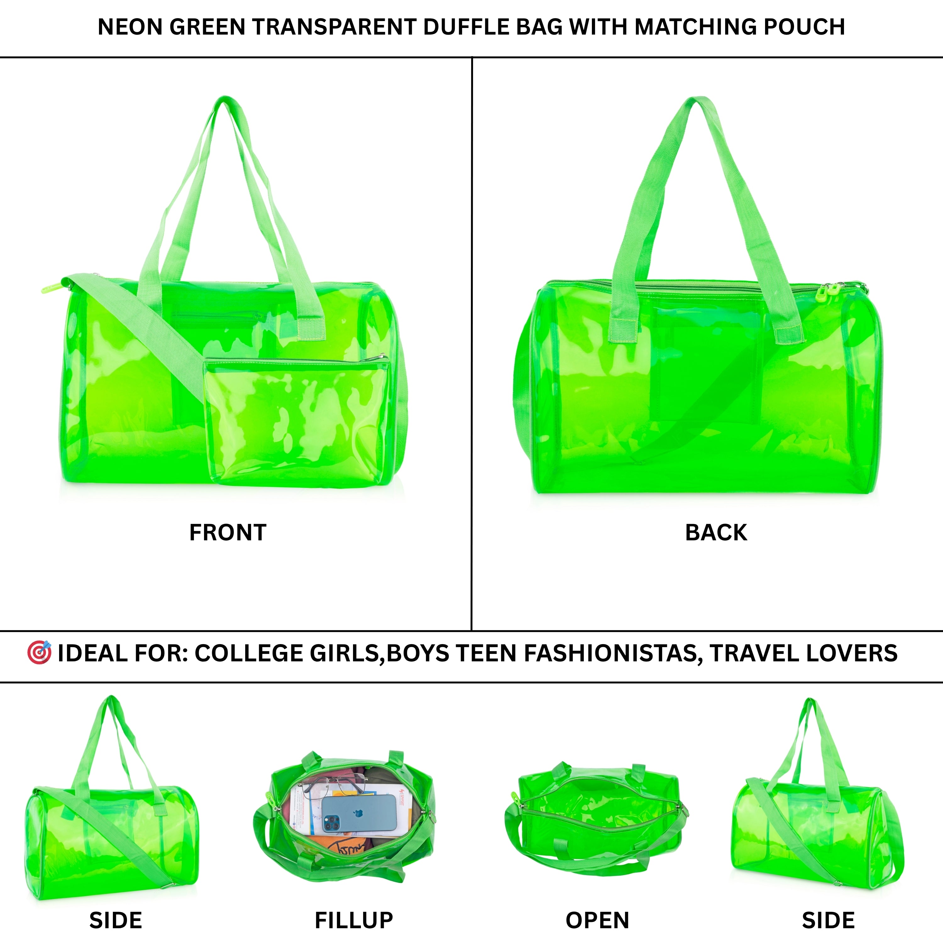 Echo Boomers Bold Blue Transparent Jelly Duffle Bag with Matching Pouch | 50 GSM Waterproof PVC Travel Gym Tote | Lightweight Shoulder Handbag for Women, Girls, College, Sports & Weekend Trips