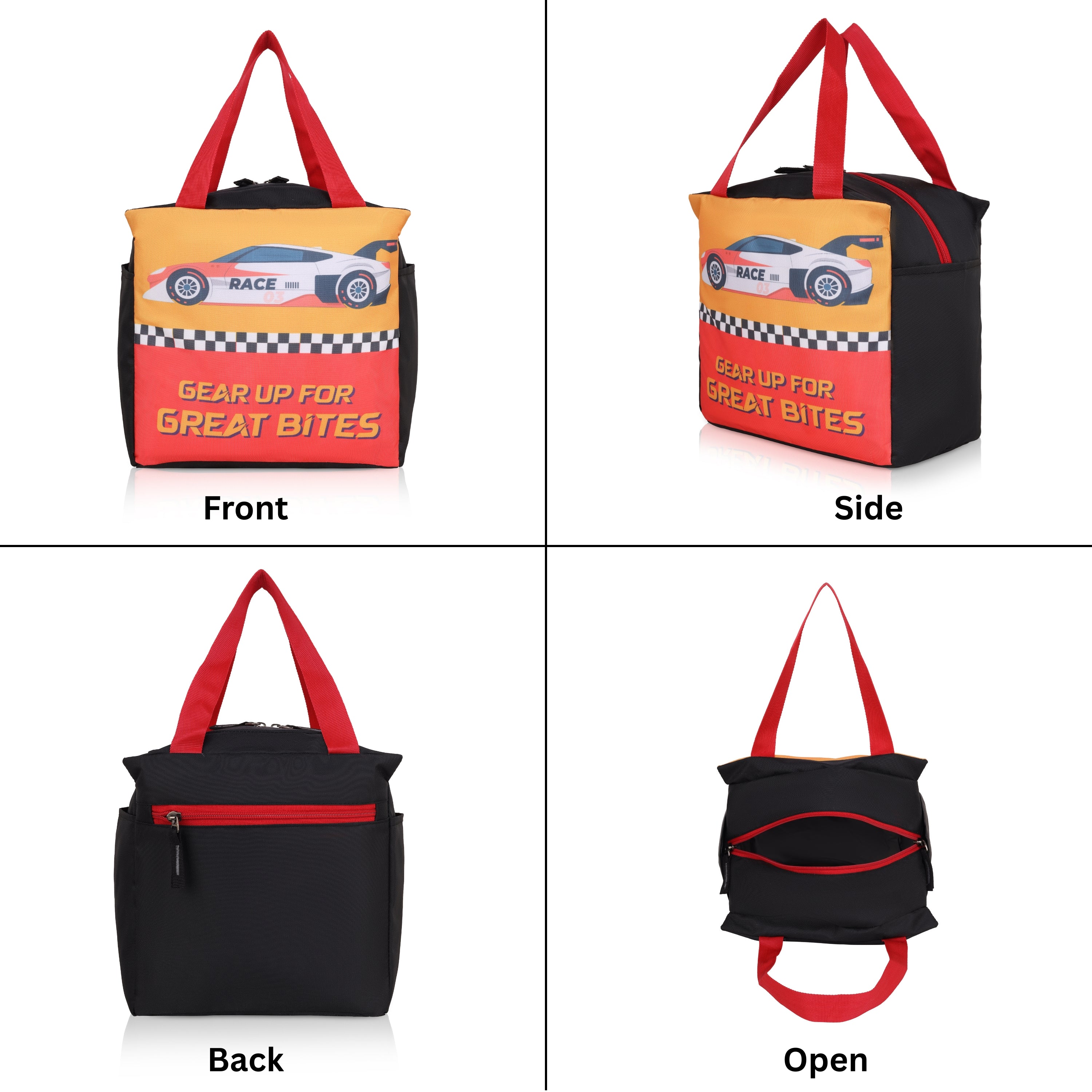 Echo Boomers Gear Up for Great Bites Race Car Black Lunch Bag for Kids | Stylish, Lightweight & Durable | School, Travel & Picnic Use | Premium Zipper, Sturdy Handle, Easy to Clean