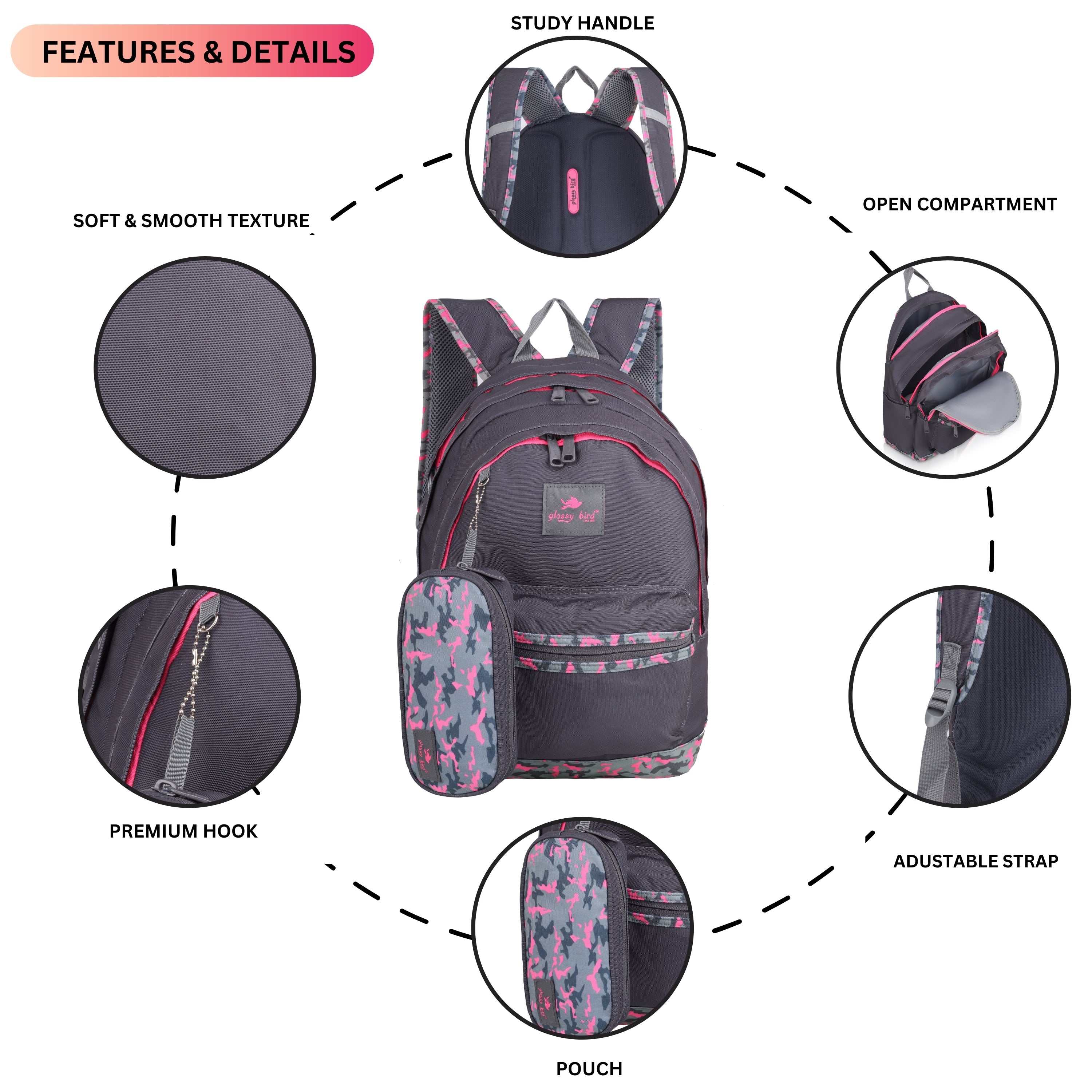 Echo Boomers Glossy Bird Backpack (PURPLE) – Water-Resistant School, Travel & Office Bag for Men & Women with Detachable Pouch, Padded Straps, Multi-Pockets & Reflective Strips