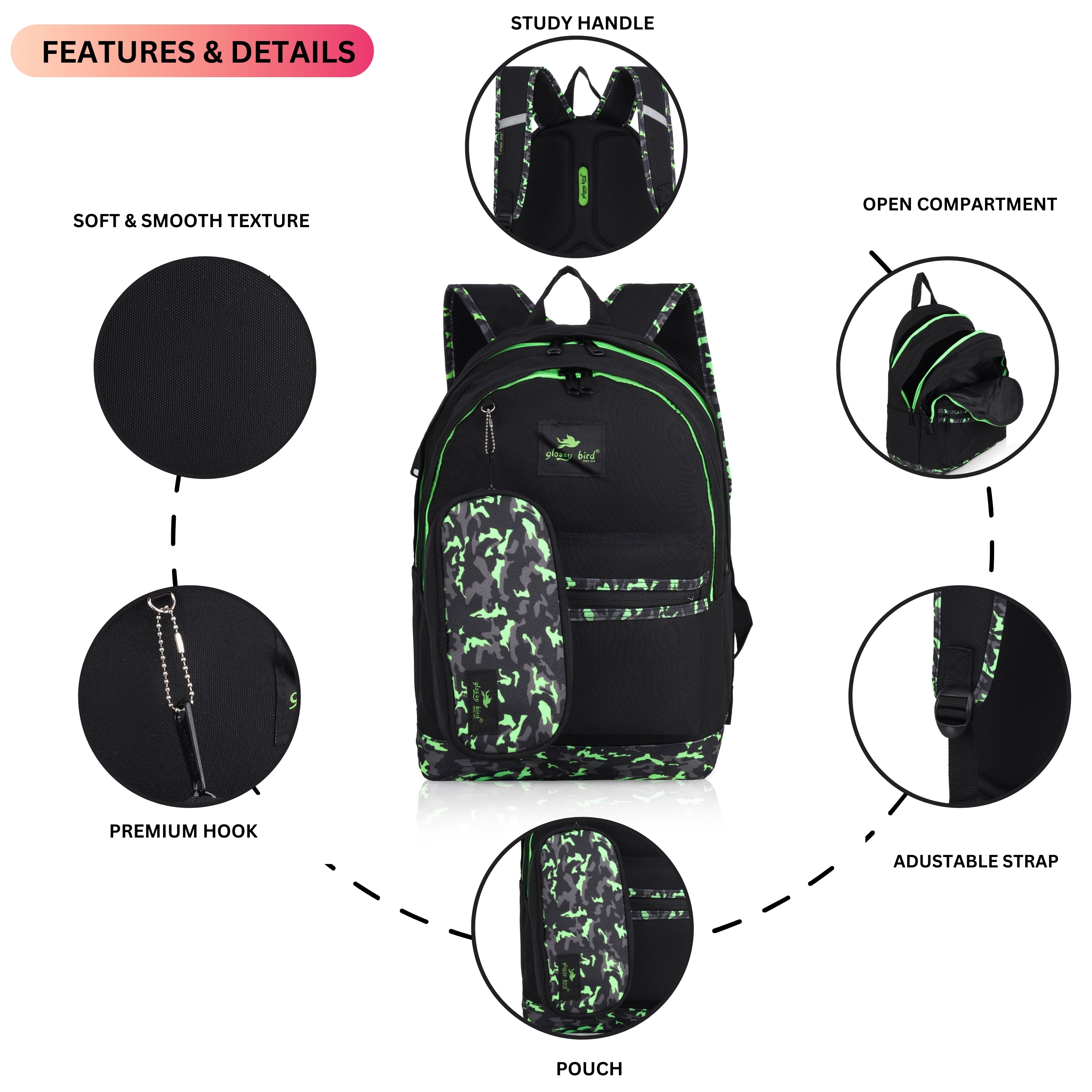 Echo Boomers Glossy Bird Backpack (PURPLE) – Water-Resistant School, Travel & Office Bag for Men & Women with Detachable Pouch, Padded Straps, Multi-Pockets & Reflective Strips
