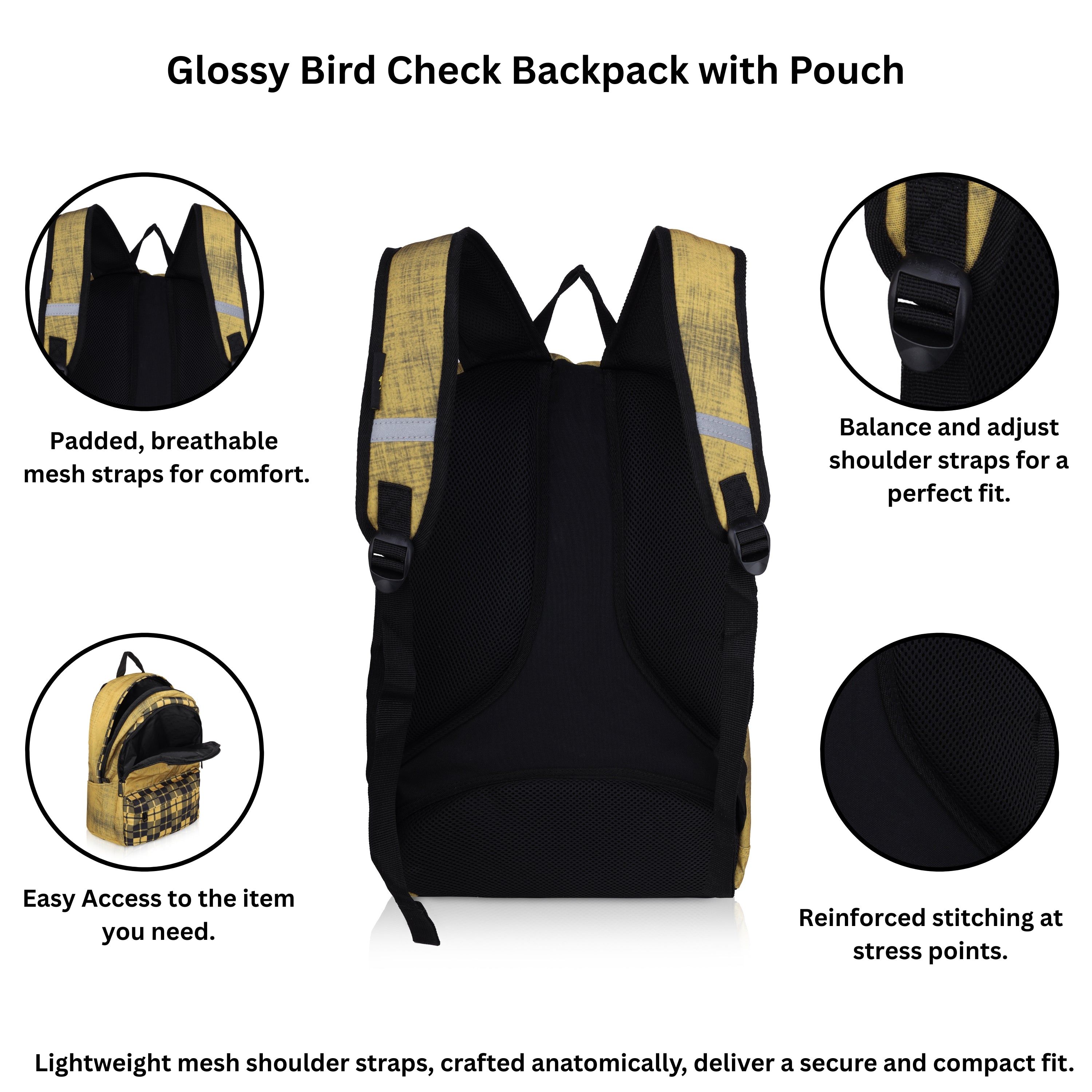 Echo Boomers Glossy Bird 21L Unisex Backpack with Pouch – Stylish Check Design, 3 Compartments, Front Pocket, Bottle Holder – Water-Resistant School, Travel, Office Bag (Yellow