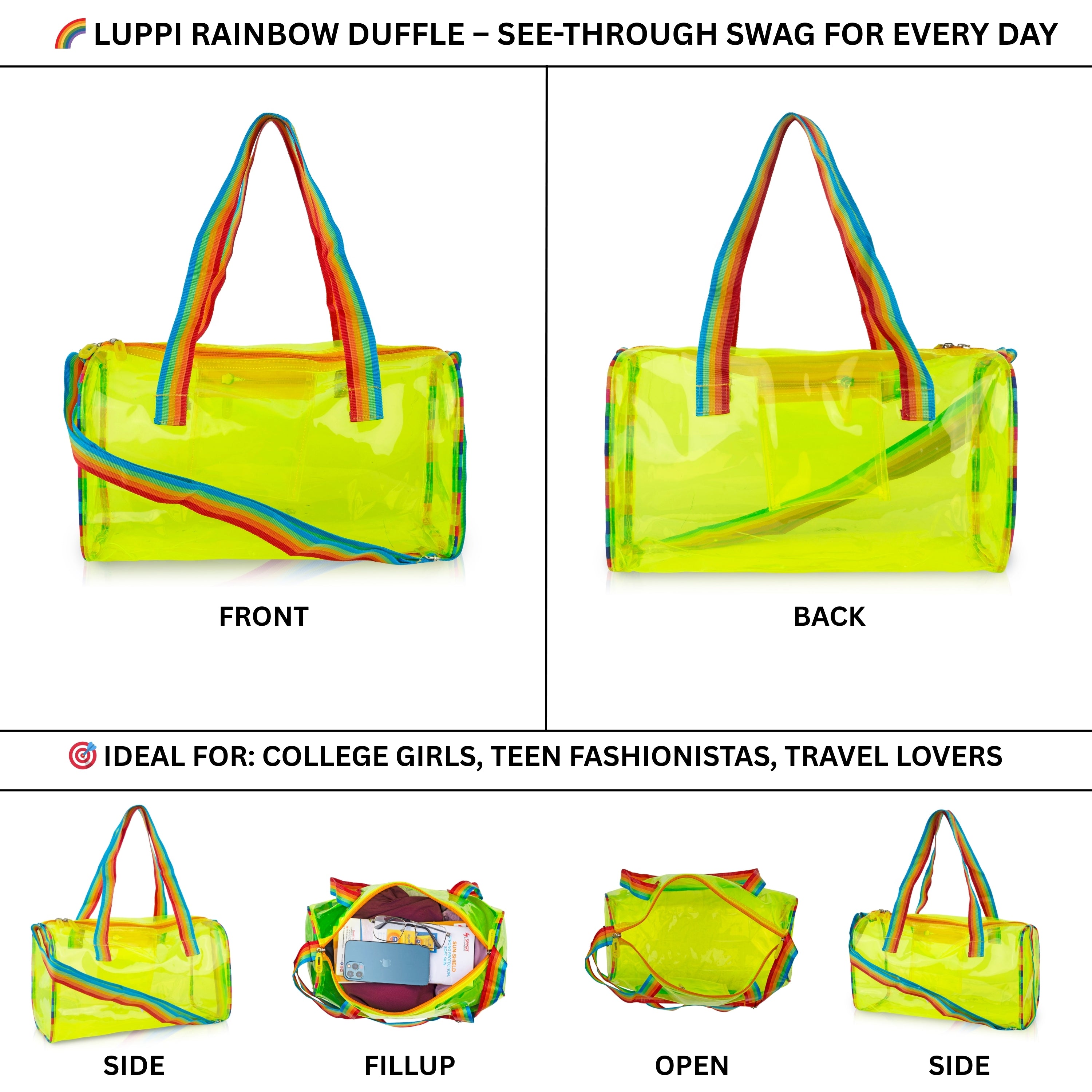 Echo Boomers See-Through Jelly Duffle –  Transparent Bag with Rainbow Handles | Trendy Handbag for School, Gym, Travel, Beach