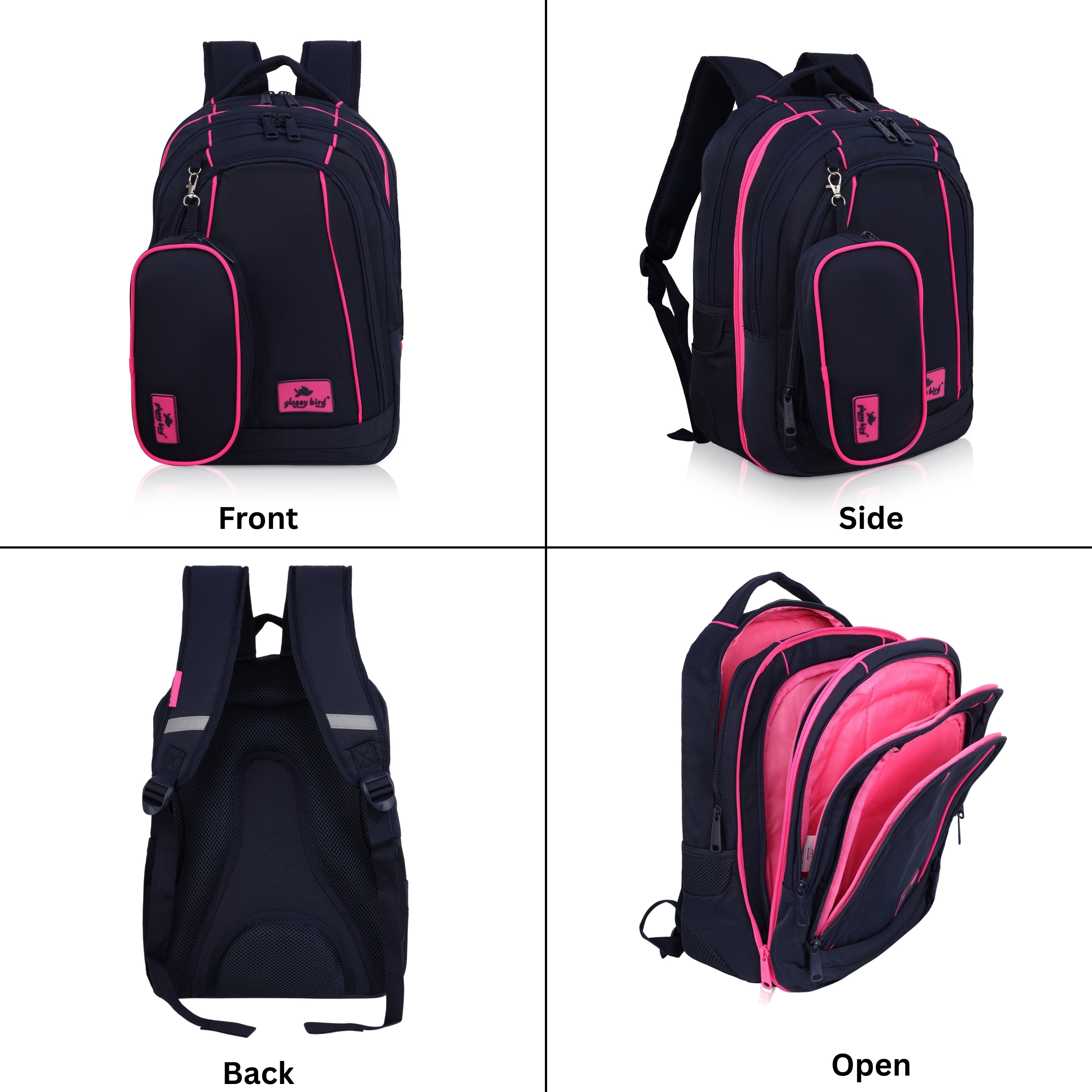Echo Boomers Glossy Bird Backpack (PINK) – Water-Resistant Unisex Bag with 4 Compartments, Detachable Pouch, Bottle Holder & Padded Straps – School, College, Work & Travel Bag