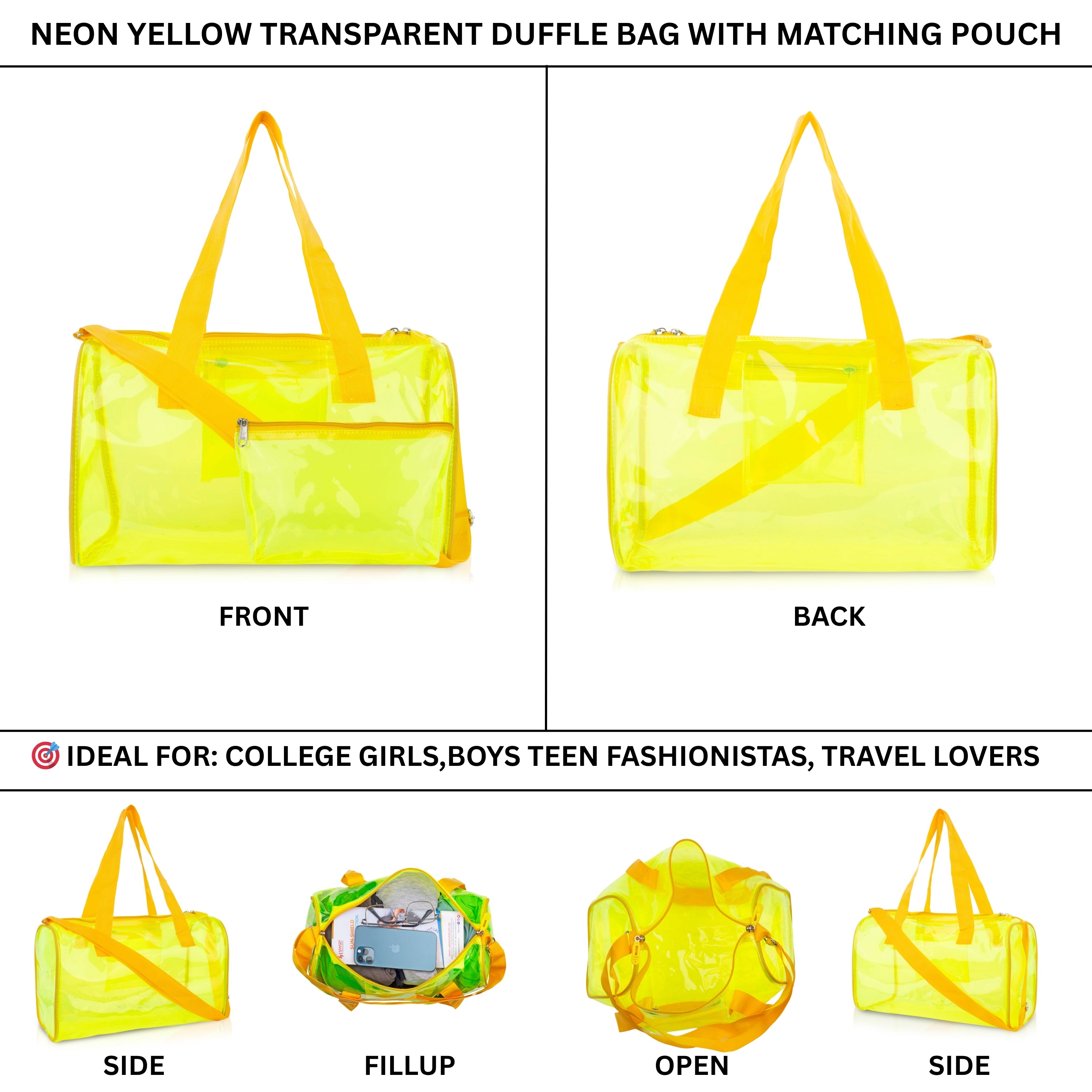 Echo Boomers Bold Blue Transparent Jelly Duffle Bag with Matching Pouch | 50 GSM Waterproof PVC Travel Gym Tote | Lightweight Shoulder Handbag for Women, Girls, College, Sports & Weekend Trips
