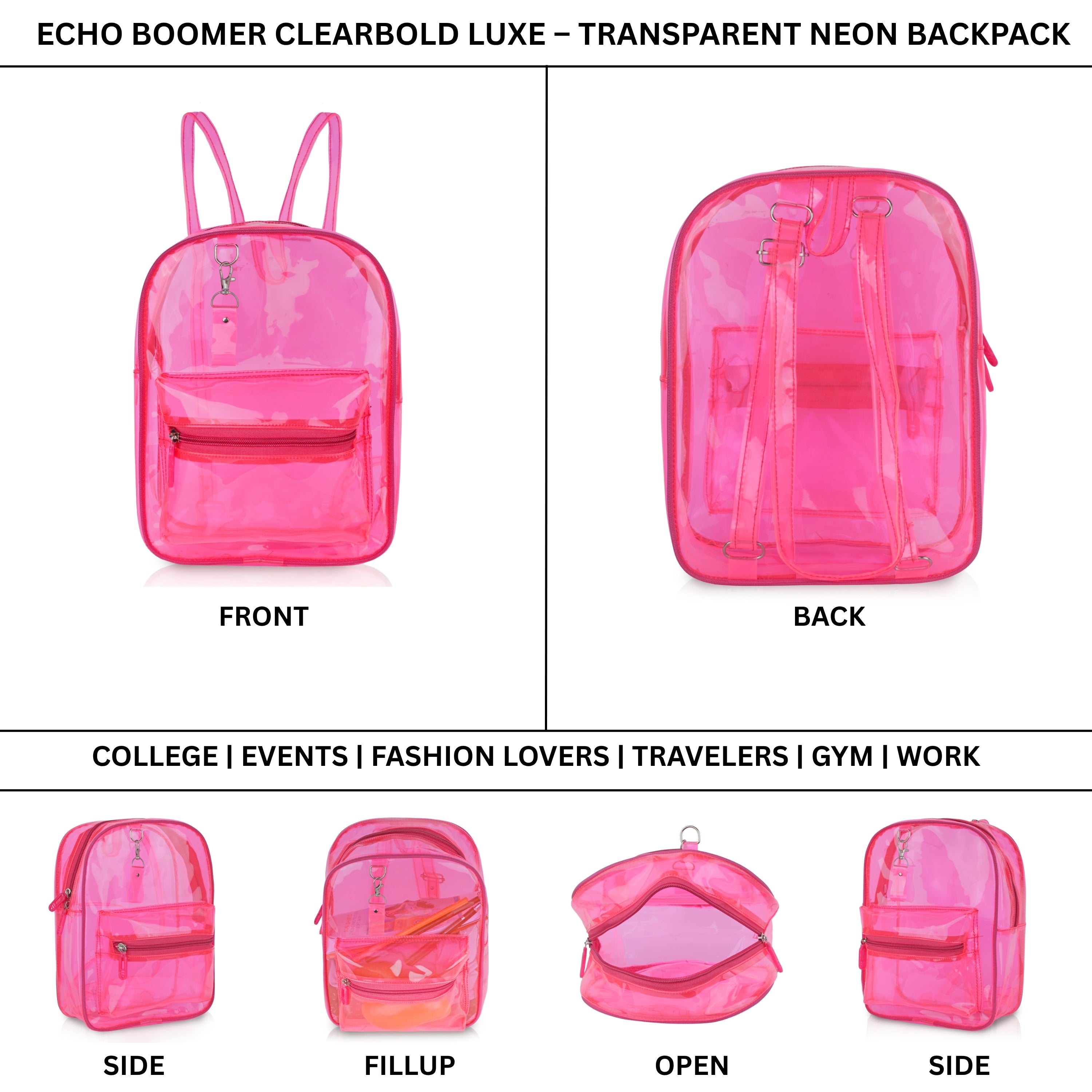 Echo Boomers Stylish Transparent Jelly Backpack | Trendy Neon  Clear Bag | 50 GSM Waterproof PVC School, College & Travel Backpack with Front Zipper Pocket