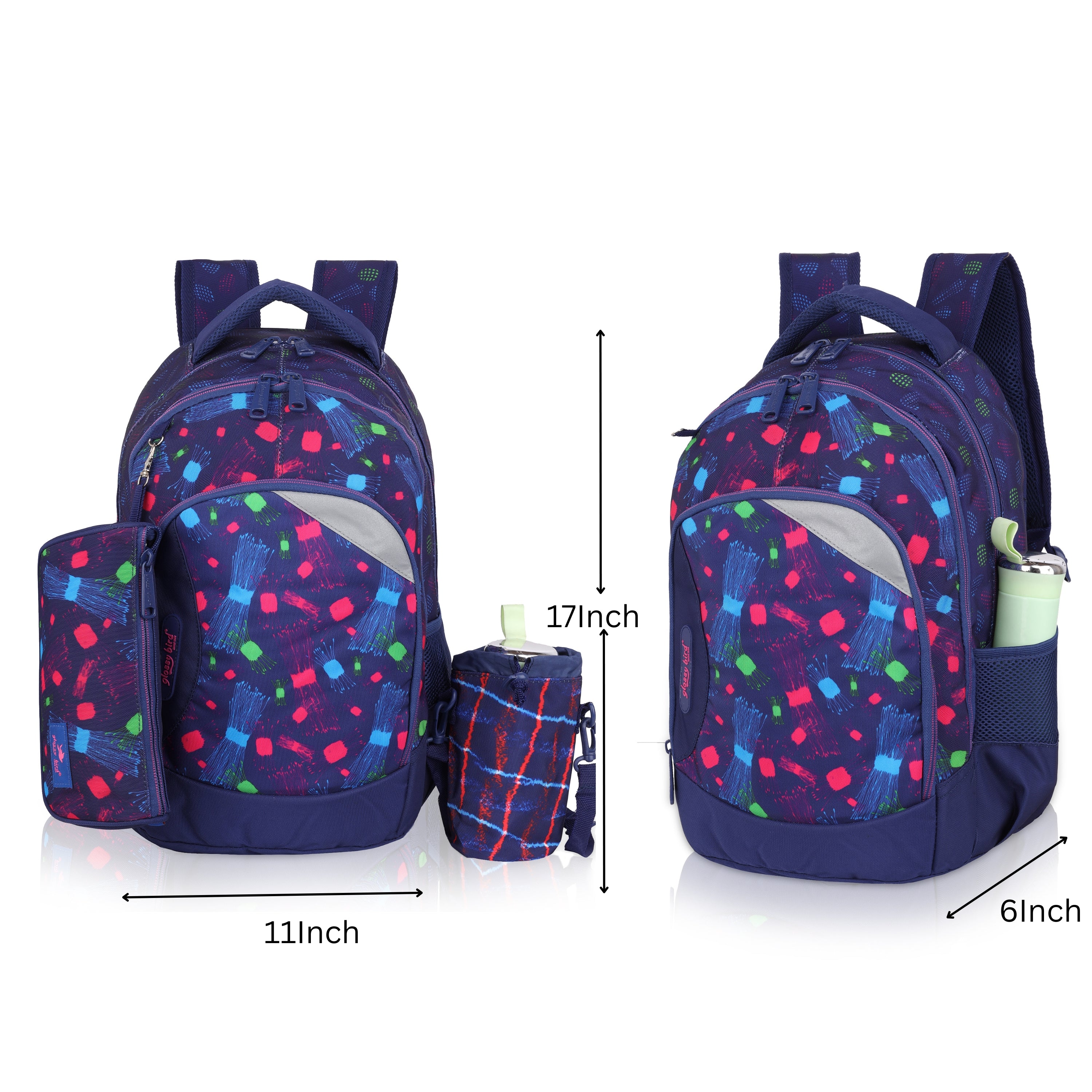 Echo Boomers Glossy Bird Backpack (BLACK) – Lightweight Water-Resistant School Bag for Girls & Boys with Detachable Pouch & Bottle Holder – Stylish Multi-Pocket Travel Backpack