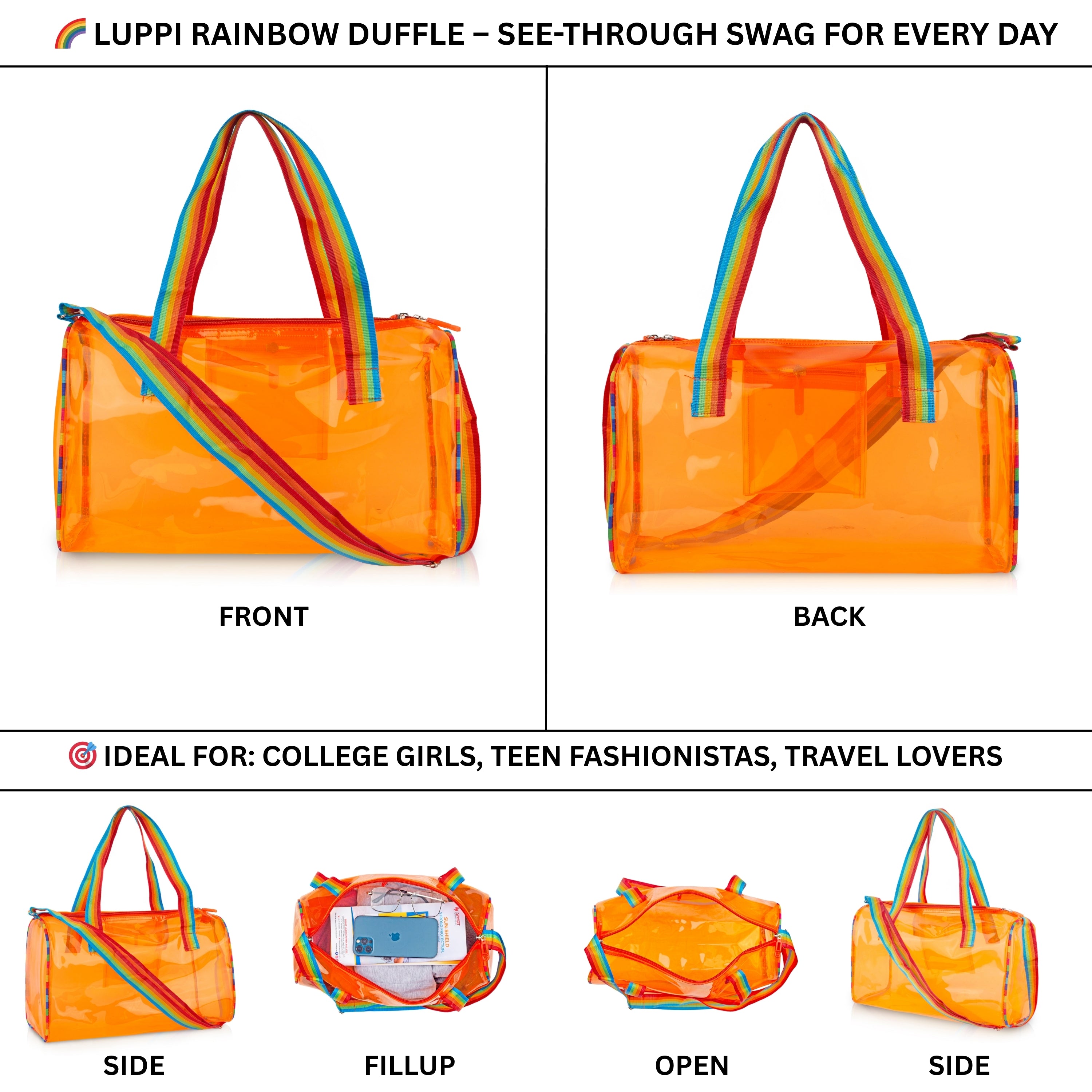 Echo Boomers See-Through Jelly Duffle –  Transparent Bag with Rainbow Handles | Trendy Handbag for School, Gym, Travel, Beach
